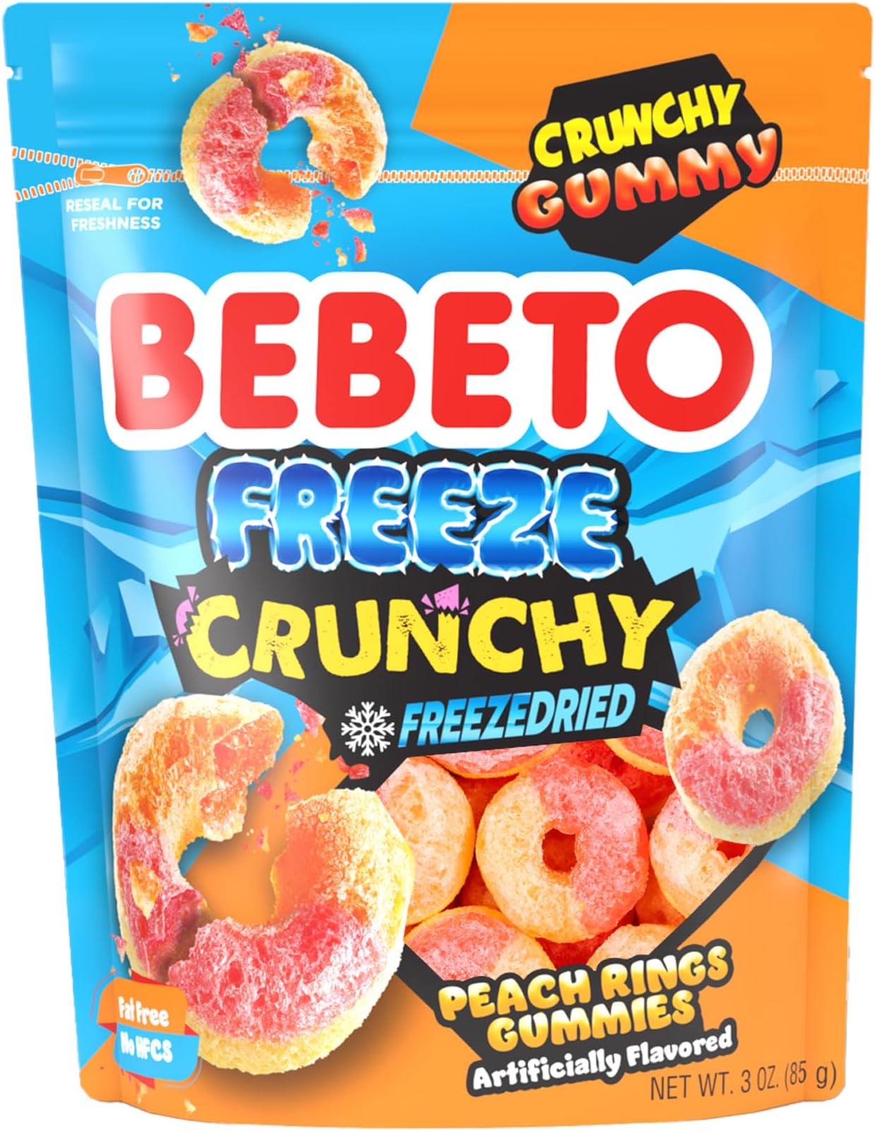 Bebeto Freeze Dried Crunchy Peach Rings - Sweet, Crunchy Fat Free & Peanut Free Freeze Dried Candy - No High Fructose Corn Syrup - Resealable Bag Halal Freeze Dried Gummy Candy - 3oz Pack - by Kervan