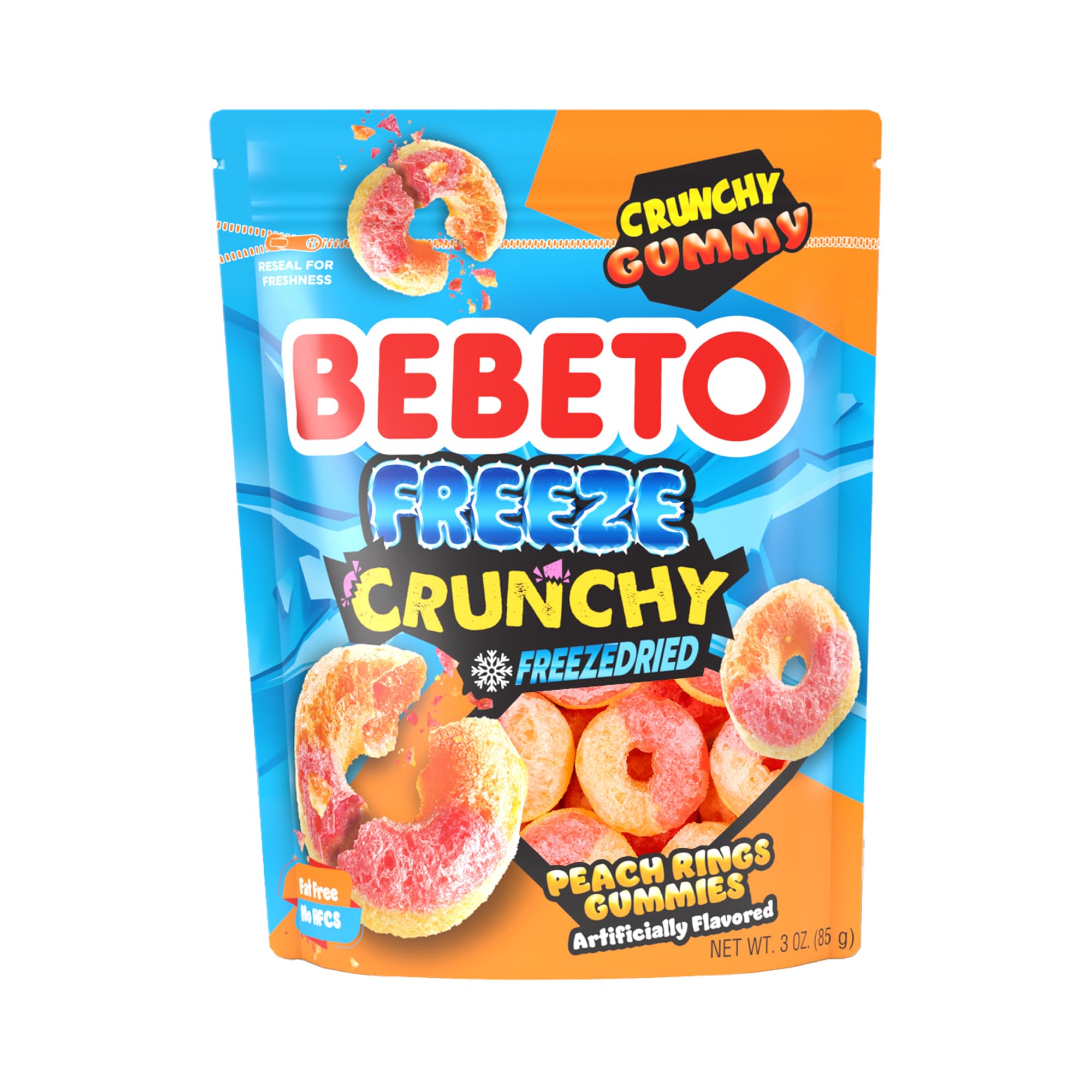 Bebeto Freeze Dried Crunchy Peach Rings - Sweet, Crunchy Fat Free & Peanut Free Freeze Dried Candy - No High Fructose Corn Syrup - Resealable Bag Halal Freeze Dried Gummy Candy - 3oz Pack - by Kervan