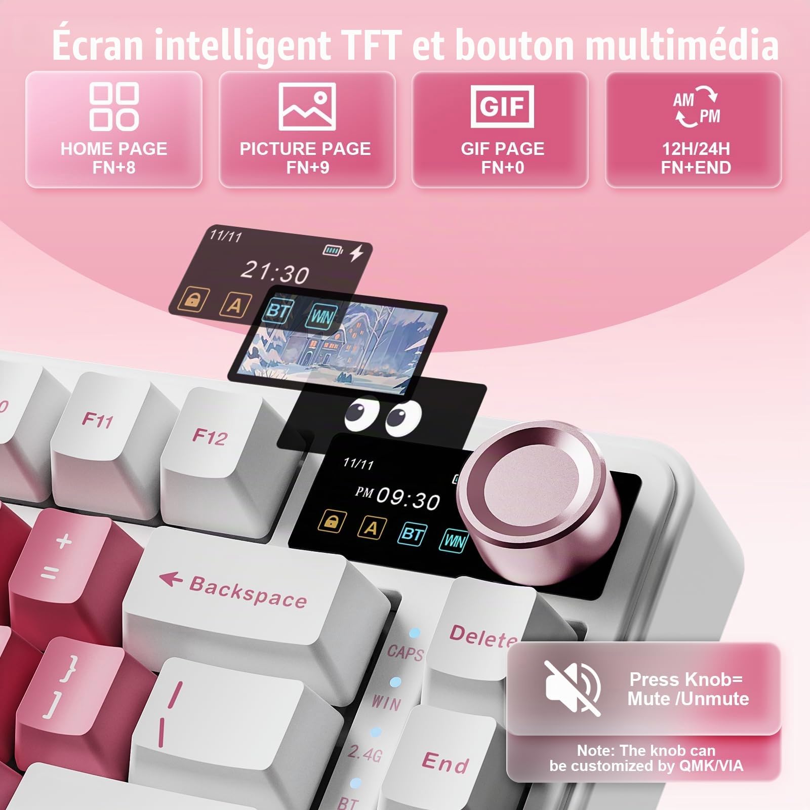 YUNZII B75 Pro Max QMK/Via Clavier Mecanique sans Fil, 75% Disposition avec Écran TFT et Molette, Gasket Hot Swap Switch Pré-lubrifiés, RGB, BT/Filaire/2,4G pour Win/Mac(Blanc Cœur, Candy Switch)