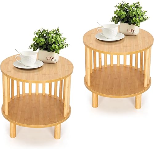 Miniatura 7 de Sophia & William Juego de 2 mesitas de noche de bambú, mesa auxiliar redonda de 15.7 pulgadas para dormitorios, sala de estar
