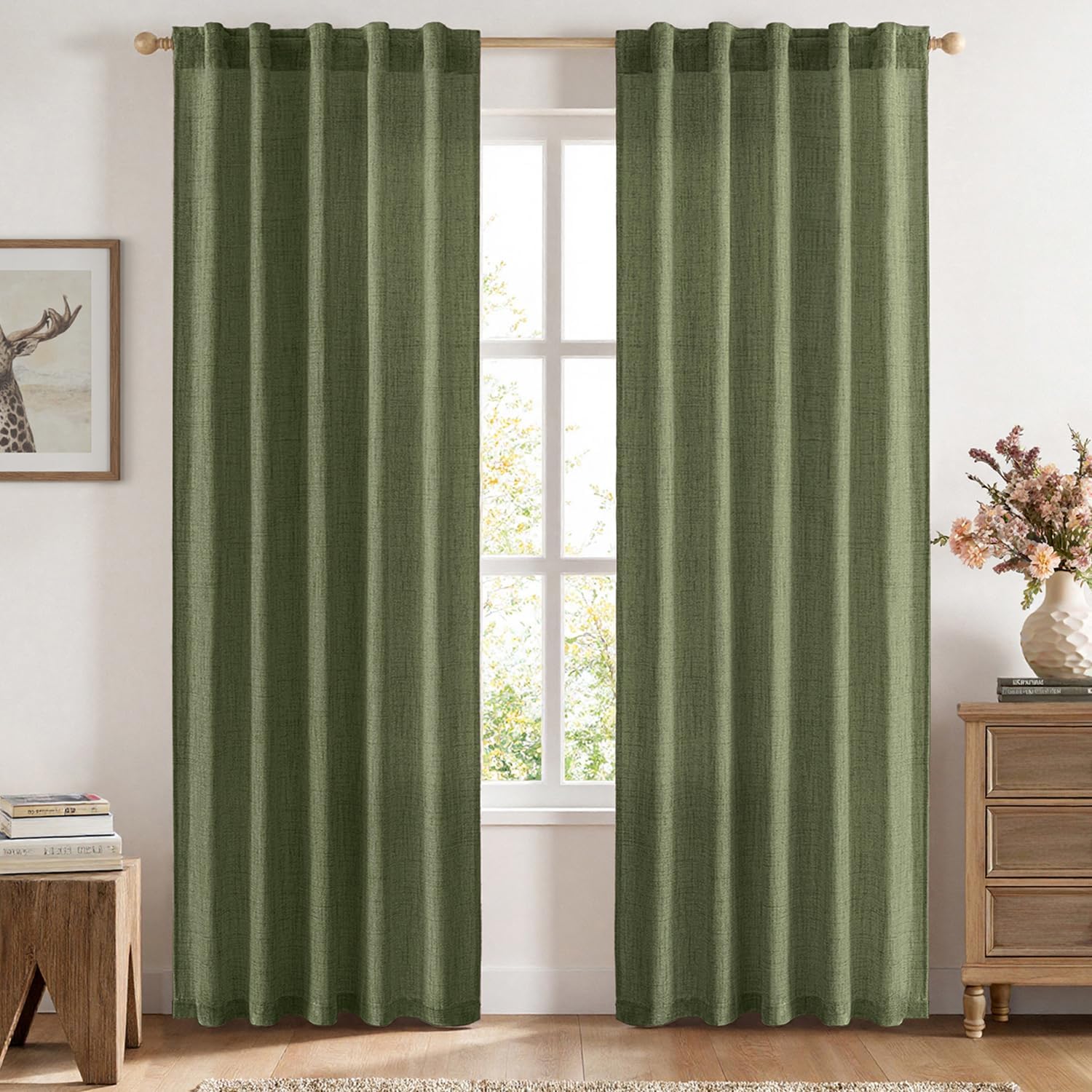 MIULEE Faux Linen Curtains 84 Inch Length 2 Panels Natural Olive Green Semi Sheer Curtain with Back Tab Rod Pocket, Light Filtering Window Privacy Burlap Drapes for Living Room Bedroom 42W x 84L 42"W x 84"L (Pack of 2) Olive Green