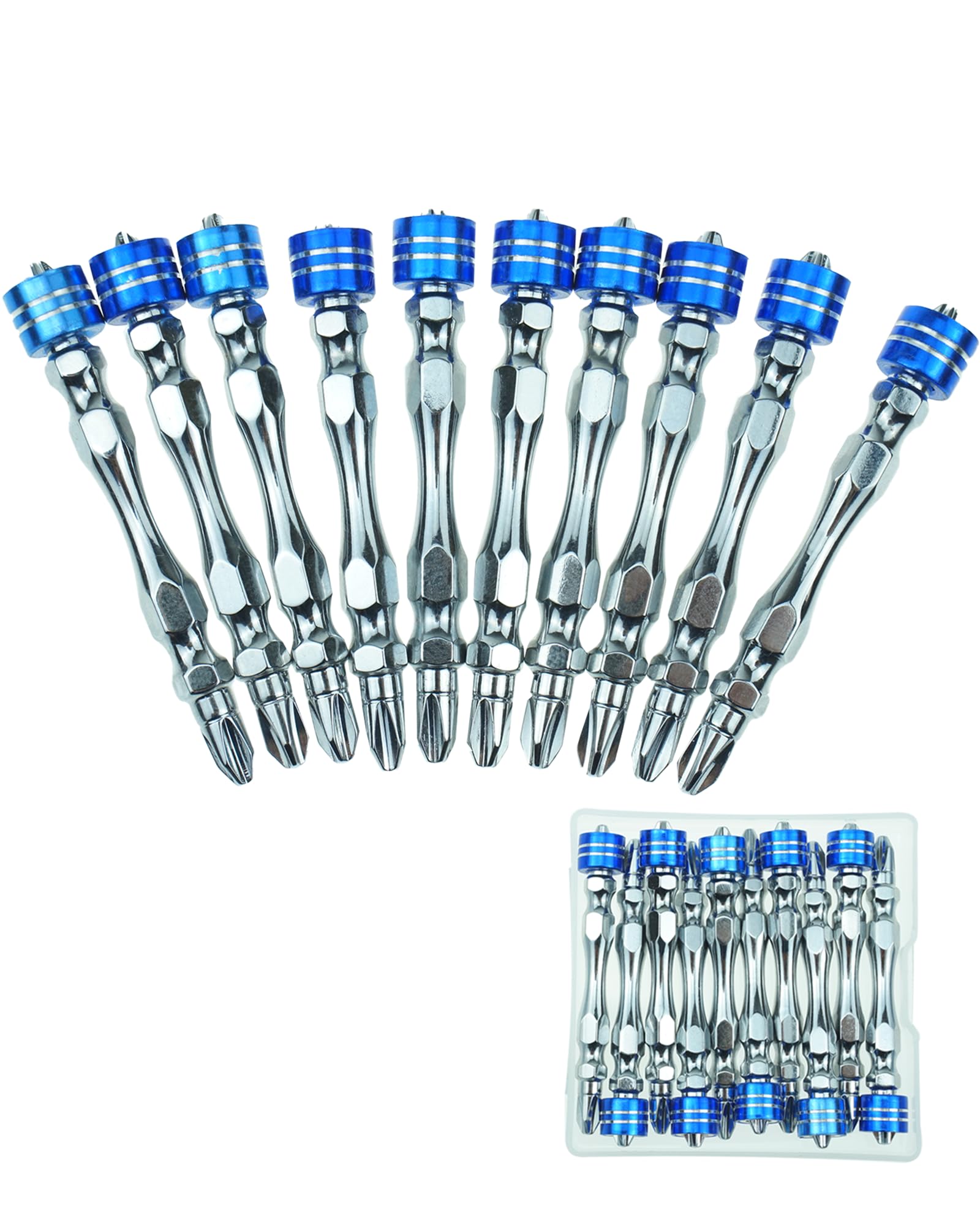 10pc Magnetic Collar Design 1/4 Inch Hex 65mm PH2 Magnetic Screwdriver Bit Set - Durable Dual-Head S2 Steel Bits (Bright Silver bit with Blue Ring)