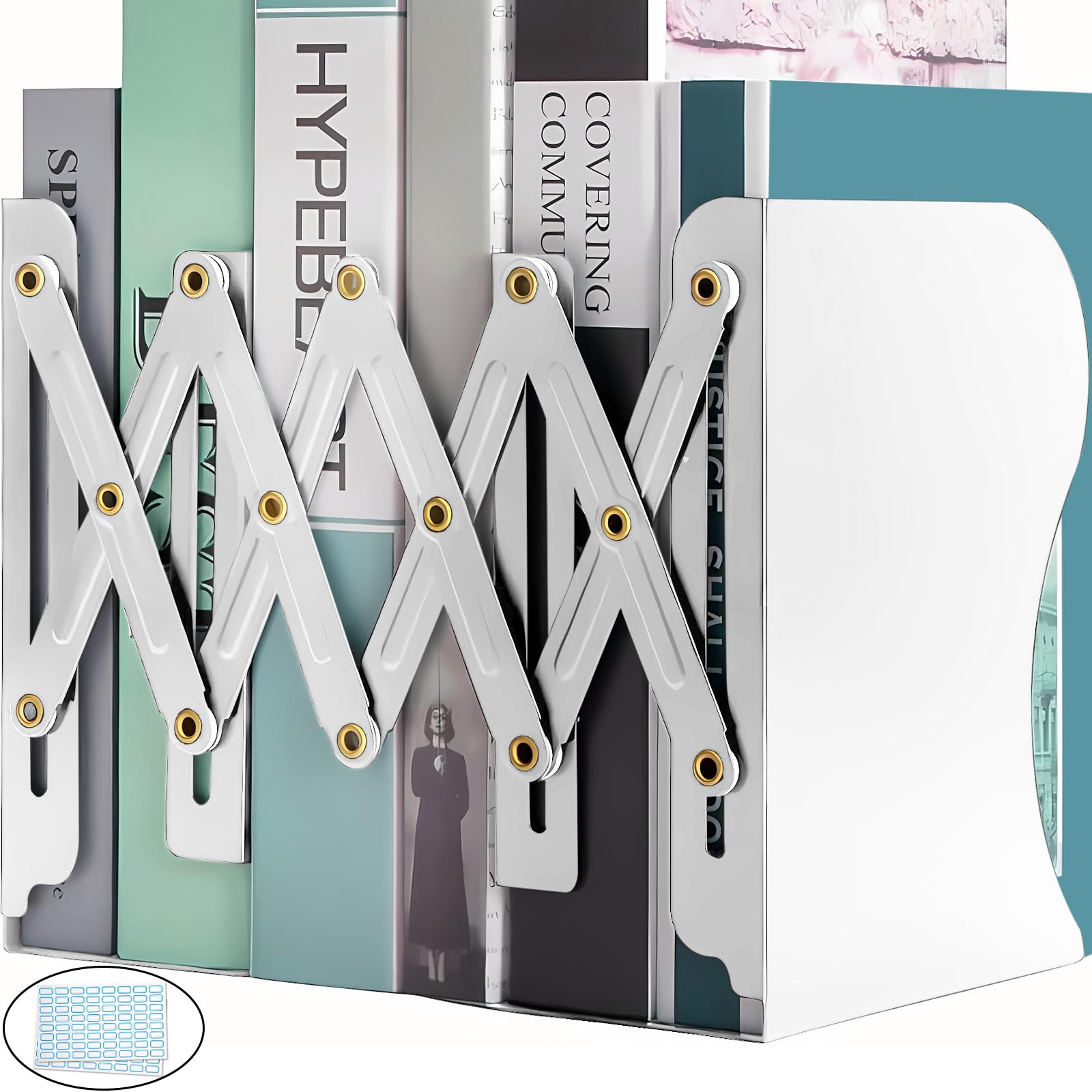 Mgood Book Ends Metal Bookends Adjustable Heavy Duty Book Stopper for Shelves Decorative Book Organiser for Library Home Classroom School Office, White