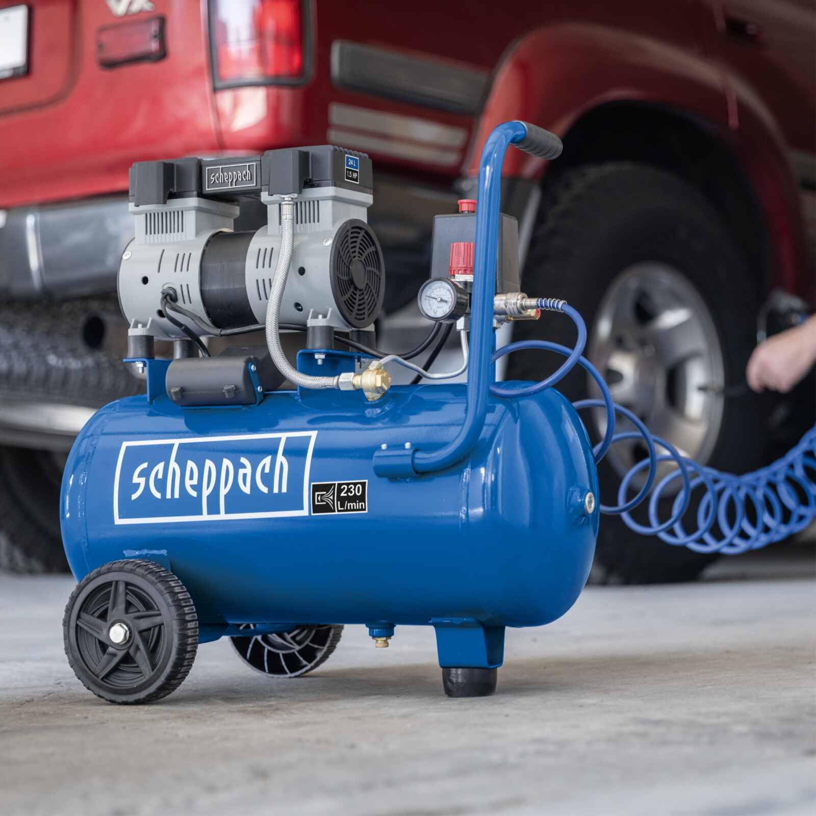 Scheppach Compresseur d’air HC26Si | Compresseur à air ultra silencieux | Cuve 24 L | 8 bars | 230 V | Capacité d’aspiration 162 L/min | Sans huile & Peu d'entretien