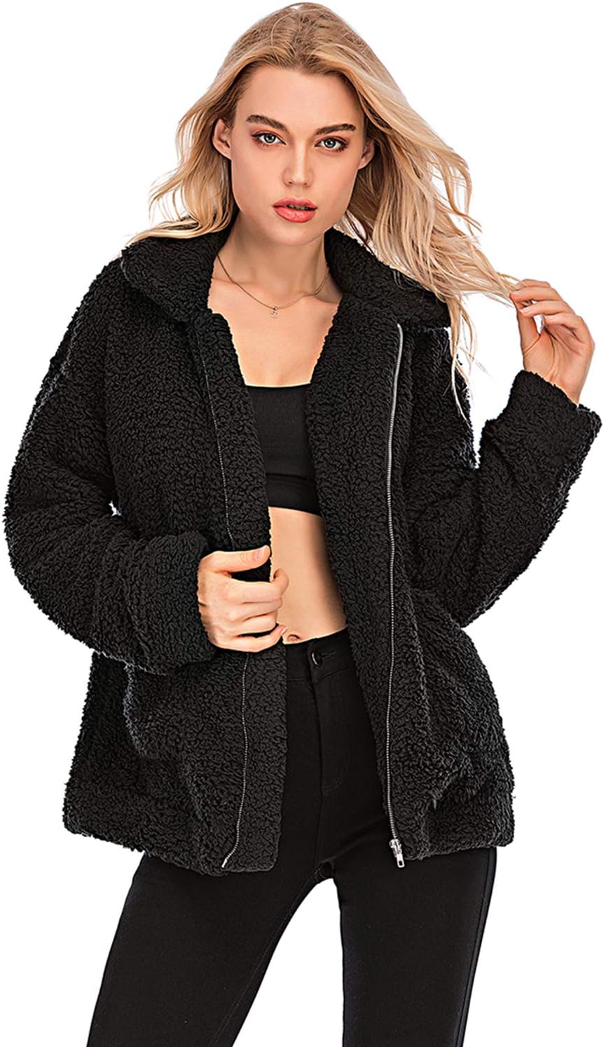 Womens Faux Shearling Jacket, Casual Lapel Fleece Fuzzy Jacket Shaggy Oversized Jacket Fashion Cardigan Coat