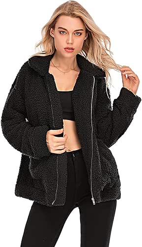Womens Faux Shearling Jacket, Casual Lapel Fleece Fuzzy Jacket Shaggy