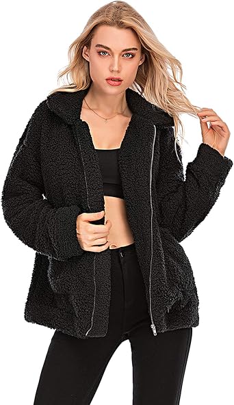 NewEGG Womens Faux Shearling Jacket, Casual Lapel Fleece Fuzzy Jacket Shaggy Oversized Jacket Fashion Cardigan Coat