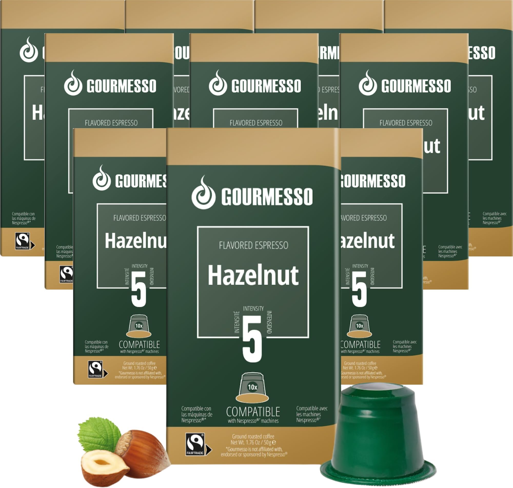 Gourmesso100ct Hazelnut Flavored Coffee Pods | Compatible with Nespresso Originalline Capsule Machines | Espresso Flavor Hazelnut | Fairtrade Certified Coffee Capsules
