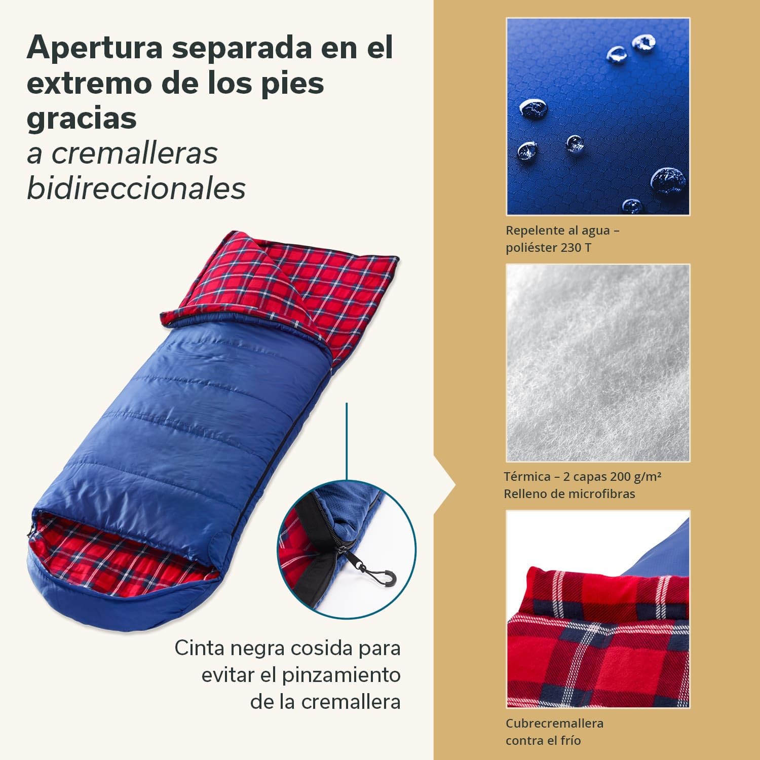 Saco de Dormir Dundee Flannel | Saco de Dormir de algodón para Adultos, acoplable, 3 Estaciones, hasta -20°C, 220 x 80 cm / 220 x 160 cm Saco de Dormir Doble (Azul/Derecha)