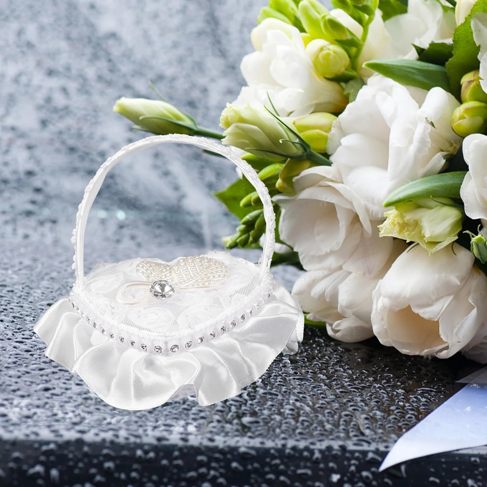 Ringkissen Hochzeit Hochzeit Herzform Spitze Ring Kissen Romantische Verlobungsring Box Halter Mit Griff for Zeremonie für Verlobung Oder Eheringe Party, Antrag(B)