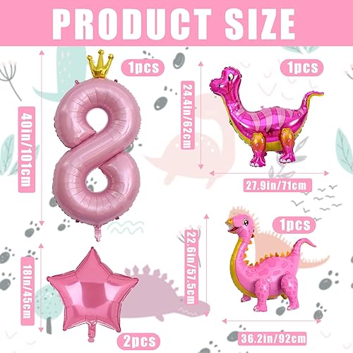 Miniatura 2 de 5 globos de dinosaurio rosa, globos de aluminio de Mylar con número de dinosaurio rosa, suministros de fiesta de 8 cumpleaños (8)