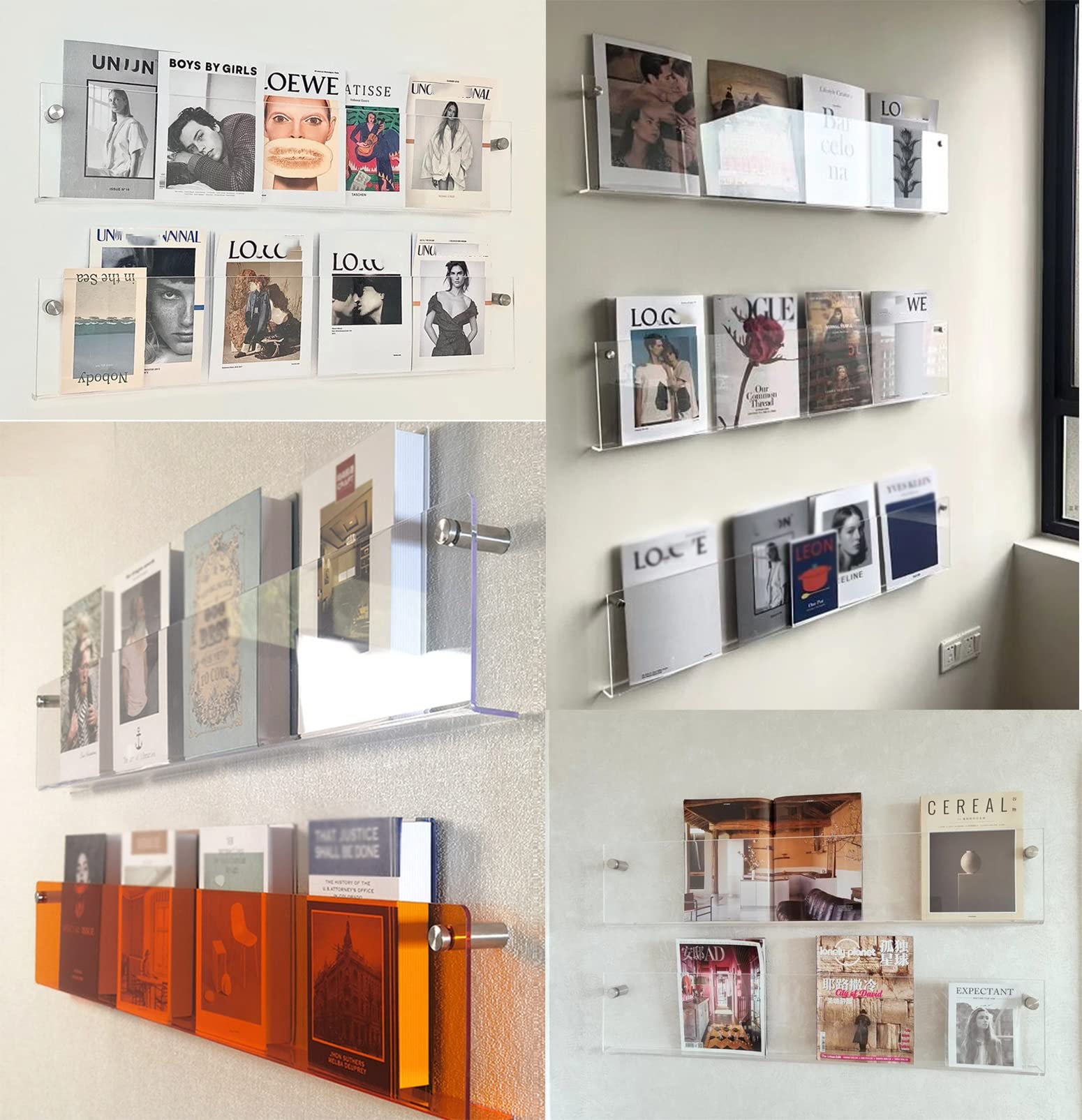 Portariviste in acrilico trasparente, confezione da 3 supporti da parete in vinile e supporto per brochure, per casa, ufficio, espositore, letteratura, mostre, 80 cm di lunghezza