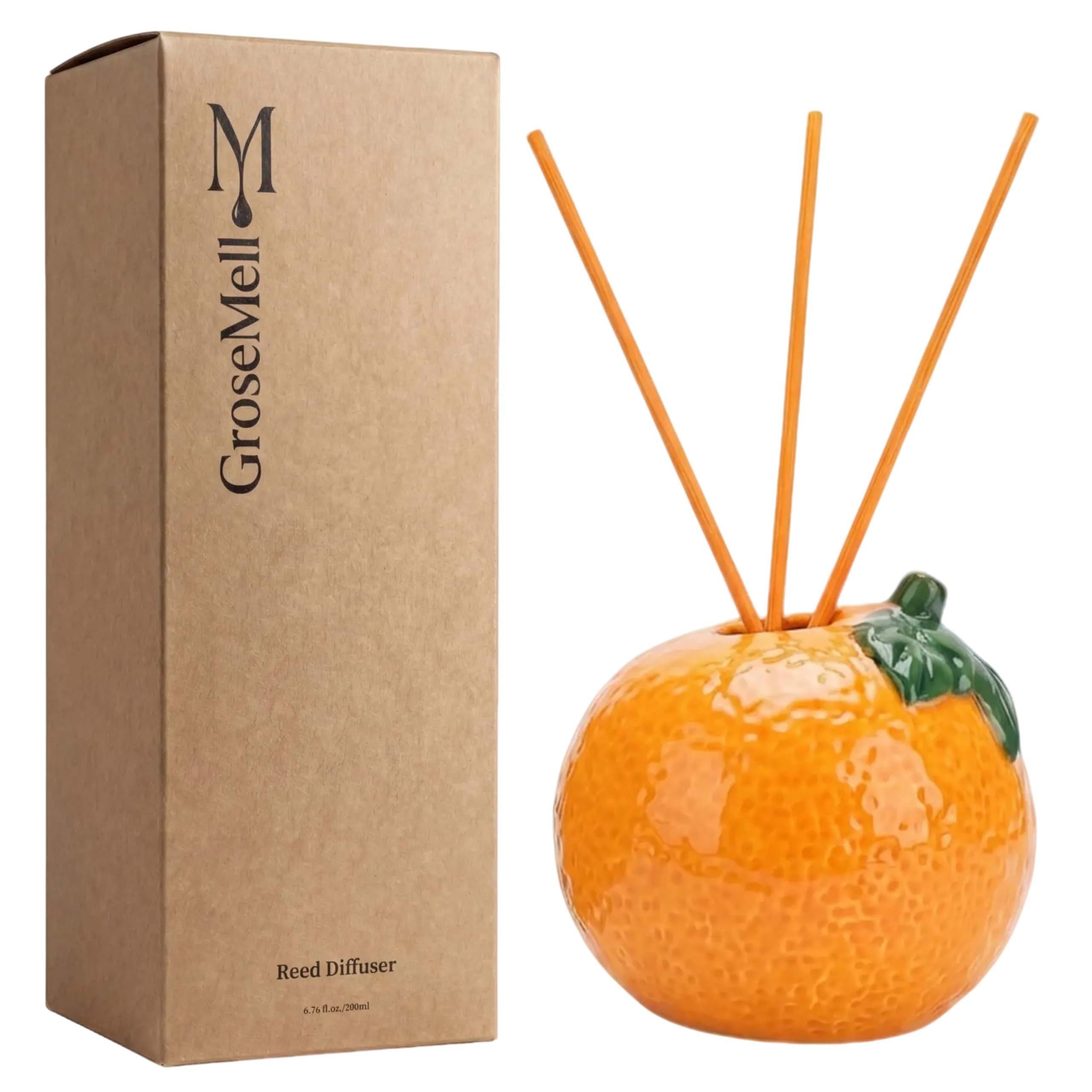 Sweet Natural Orange Scented Reed Diffuser Set – 6.76 fl oz (200ml) with Sticks, Creative Orange-Shaped Ceramic Design for Home, Bedroom &amp; Bathroom Decor, Long Lasting Aromatherapy Gift