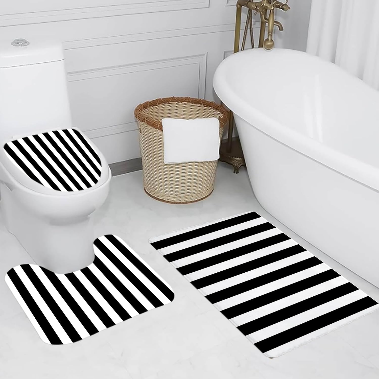 4 Piece Black and White Striped Shower Curtain Set Vertical Stripe Bathroom Decor with Non Slip Bath Mat Toilet Lid Cover Modern Bathroom Accessories, 72 x 72 Inch