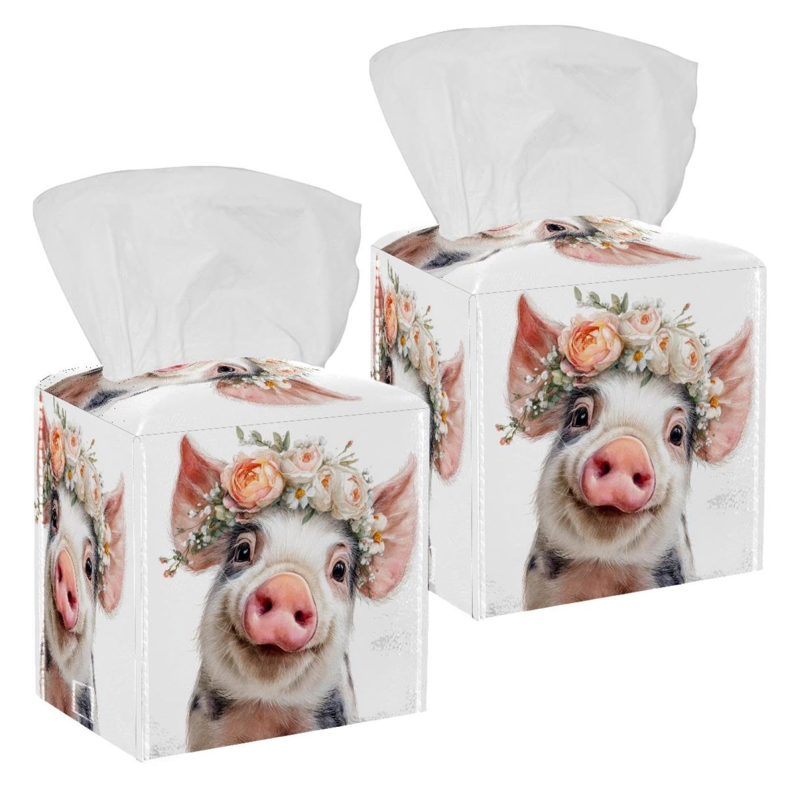 Flowers and Pig Tissue Box Cover, 2 Pack PU Leather Square Facial Tissue Dispenser Box holder for Home Office Car