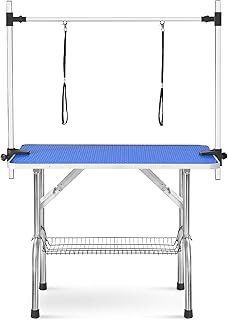 LZ LEISURE ZONE Dog Grooming Table, Adjustable Height Trimming Grooming Table Foldable Drying Table Portable Non-Slip Rubber Table with Mesh Tray, Blue