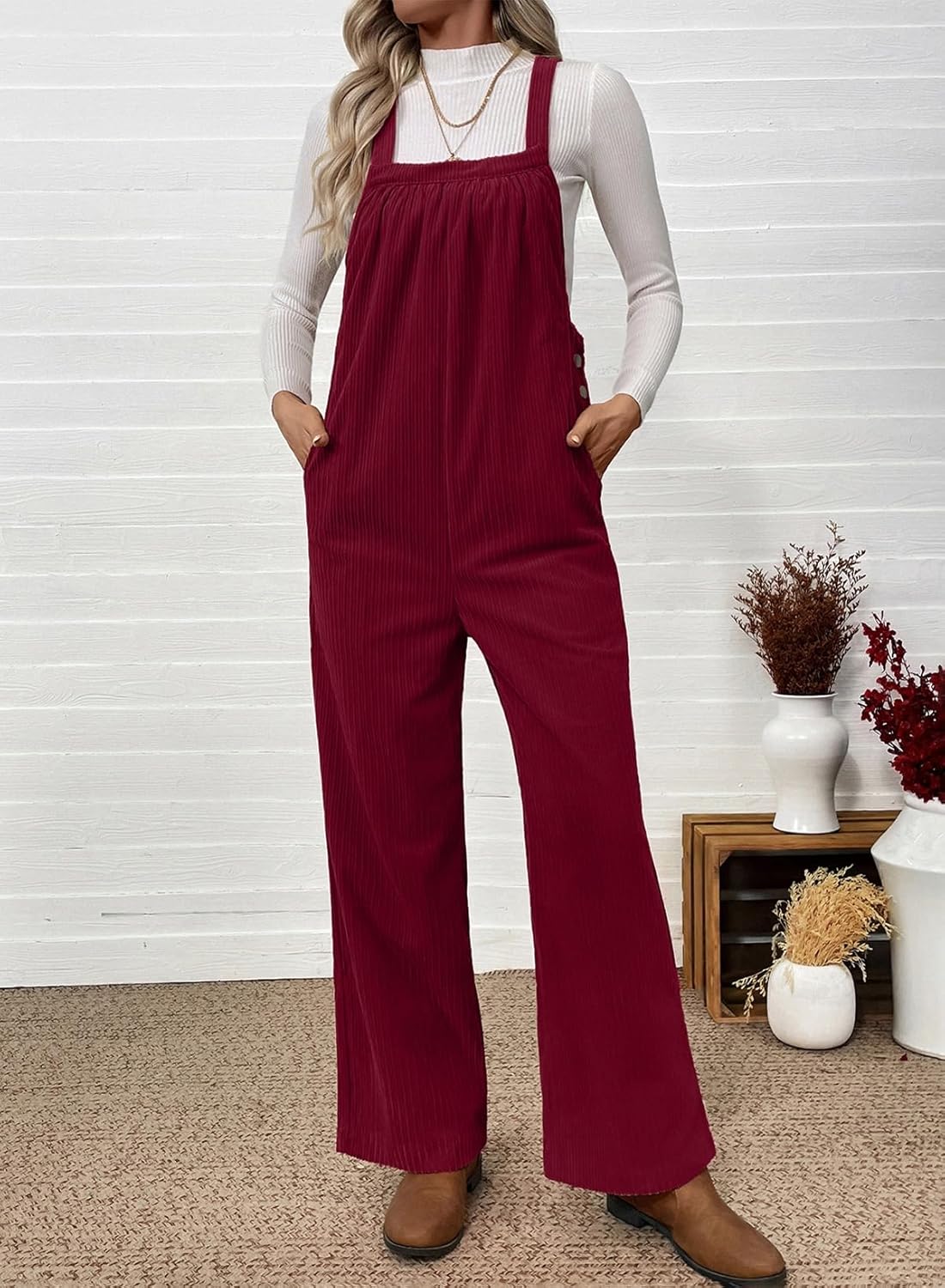 Happy Sailed Womens Corduroy Overalls Winter Fall Casual Sleeveless Adjustable Strap Wide Leg Long Pants Rompers - Image 6