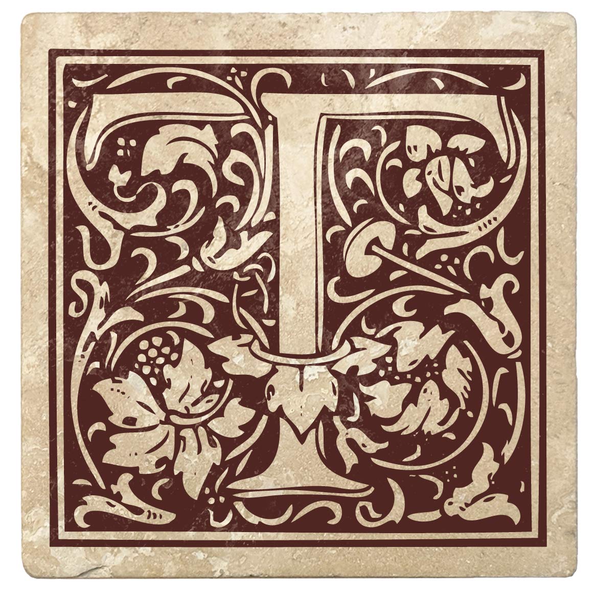 Monogram Absorbent Stone 4" Square Drink Coasters Set of 4, Letter T, Hot Java Brown