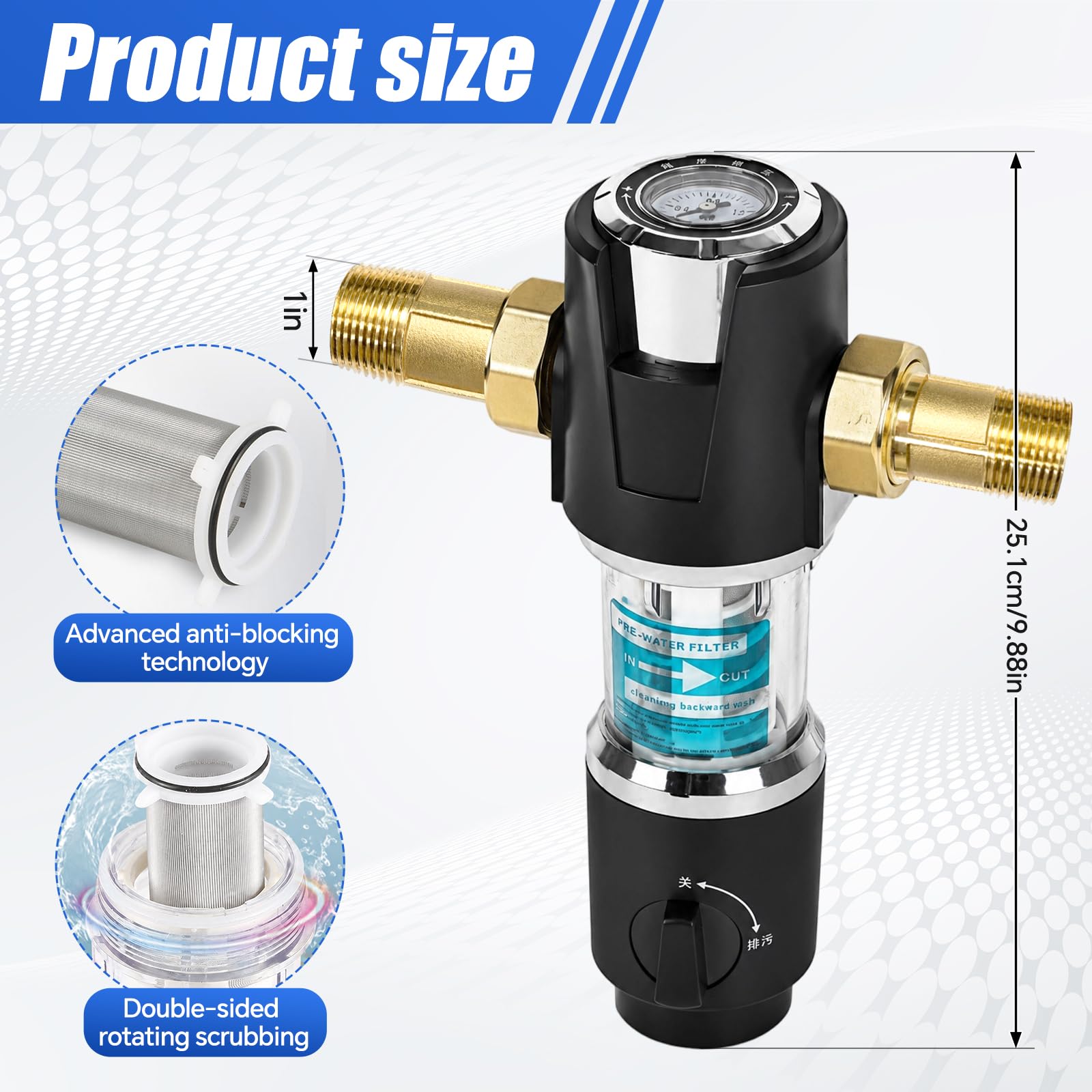 Filtro dell'acqua domestica con manometro, prefiltro in ottone da 40 micron, riduttore di pressione, filtro dell'acqua con filtro in acciaio inox per scaldabagno, lavatrice (2,5 cm)
