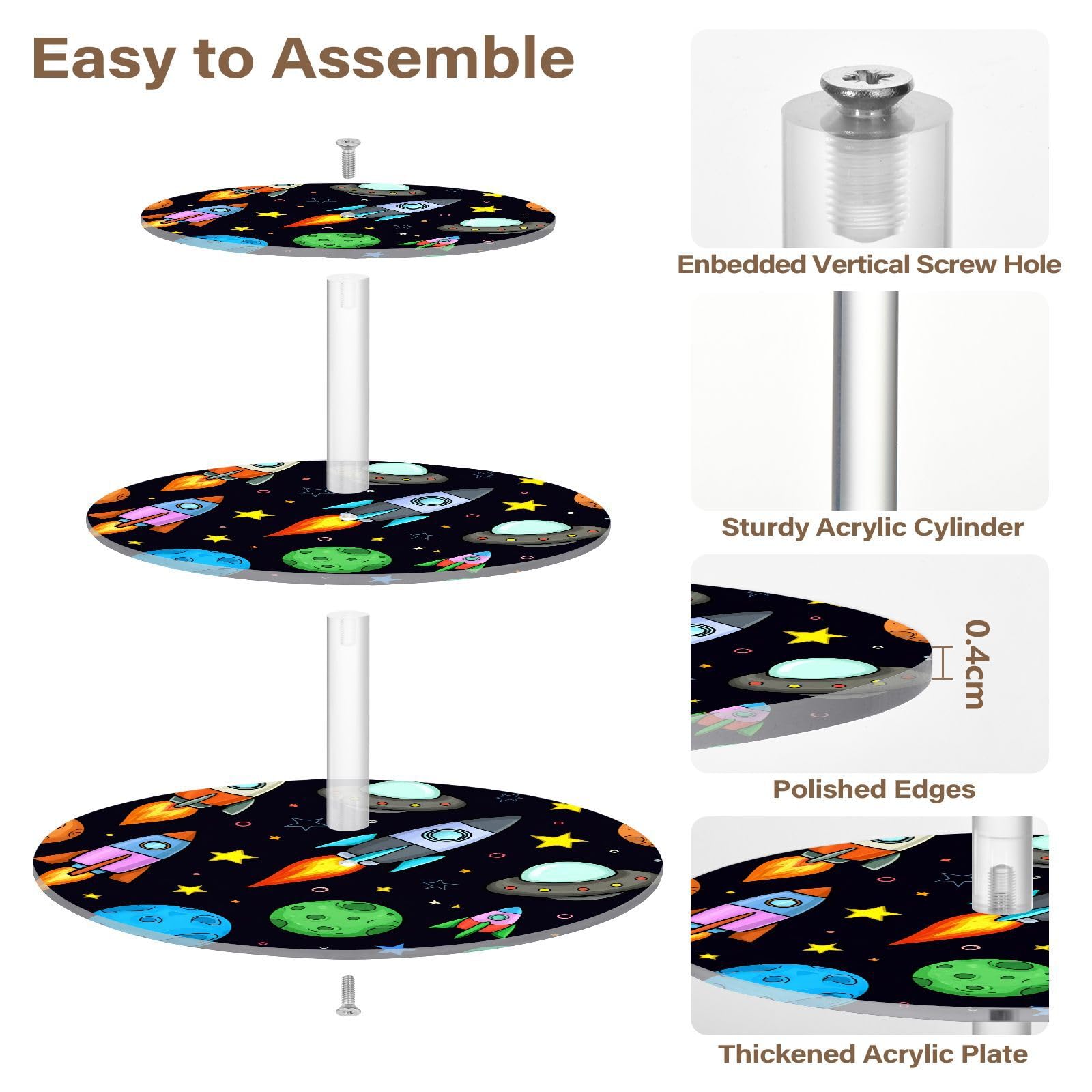 Nander 3 Tier Cupcake Stand,Cartoon Planet and Rocket Large Cupcake Tower Display, Round Cupcake Holder, Acrylic Dessert Stand, Pastry Display Tree for Party, Wedding, Baby Shower