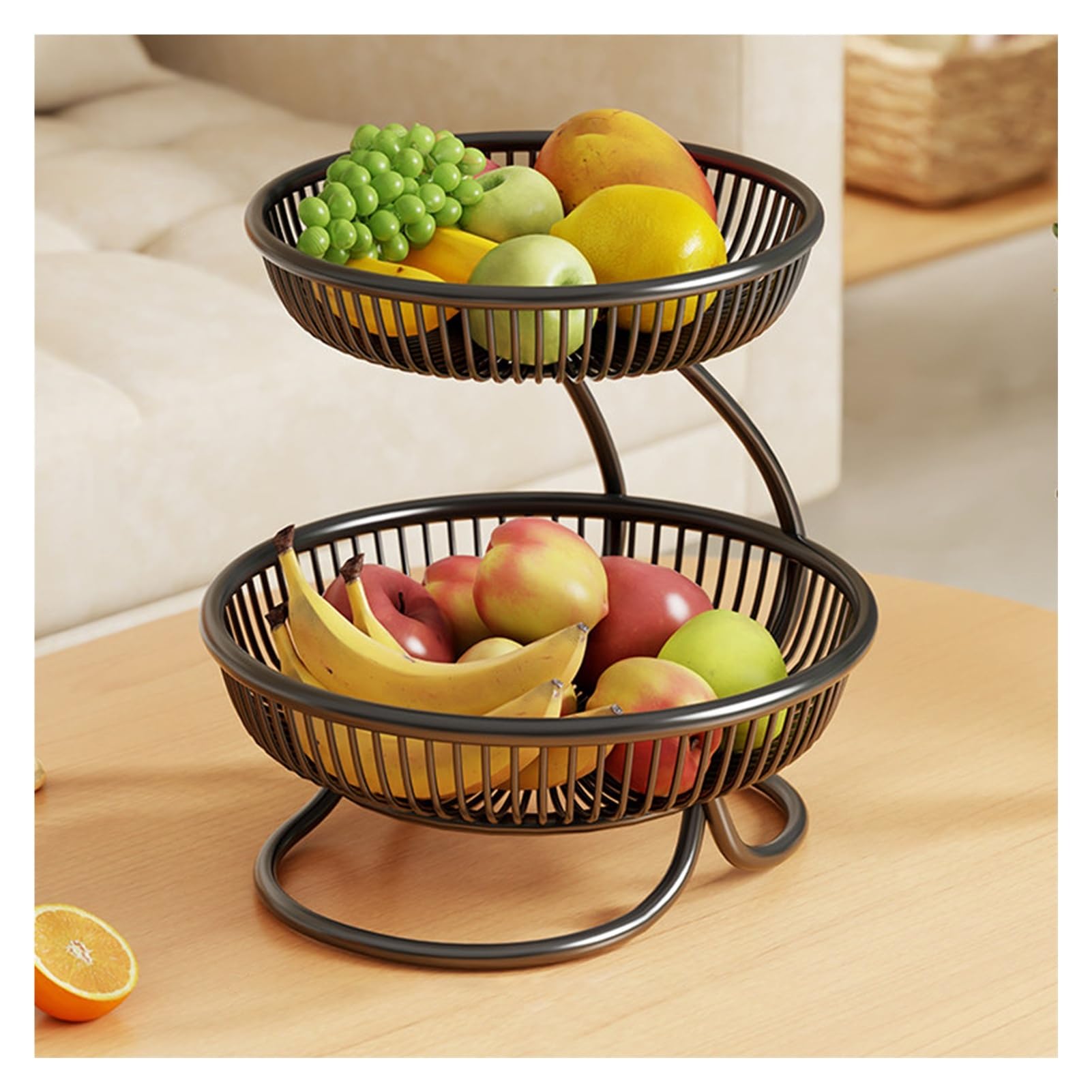 XCSDEW Wrought Iron Fruit Rack,Floor-standing Shelf,Double-layer Snack Storage ,Openwork Design,Suitable for Living Room(Black,28x28.5x30cm)