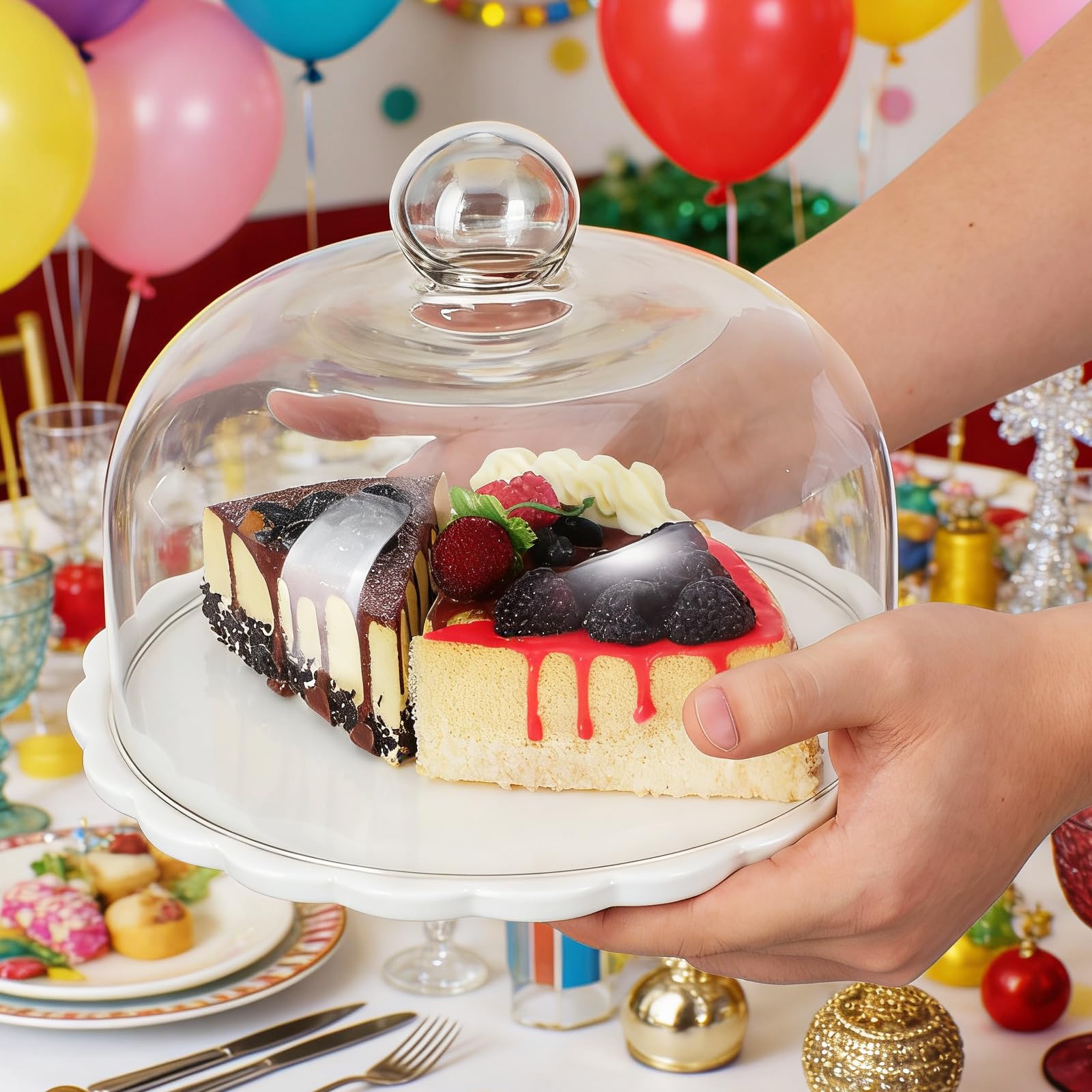 Cabilock Kuchenplatte mit Glasdeckel aus Weißem Glas für Snacks und Kuchen Lebensmittelstaubabdeckung Tragbar für Hotel und Weinverkostungen