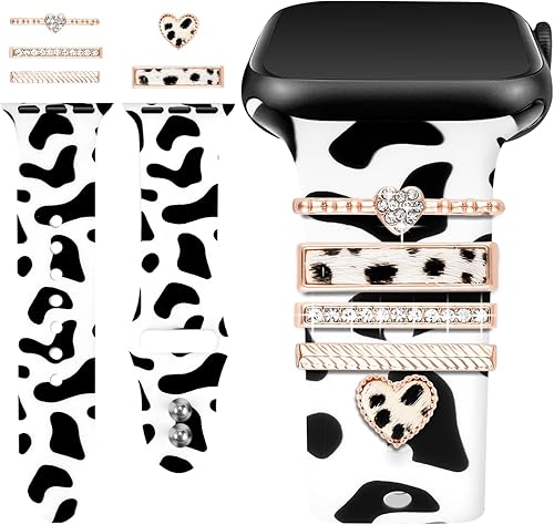 Shesyuki Banda de reloj impresa con dijes compatible con Apple Watch 38mm 40mm 41mm 42mm 44mm 45mm 49mm, banda de silicona suave impresa y aros