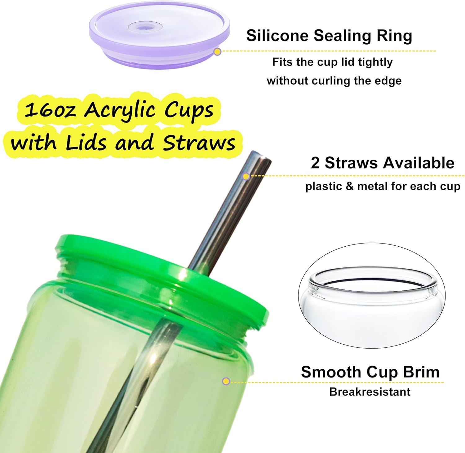 16oz Acrylic Mason Jars Cups, 12 Pack Can shaped Plastic Cups with Lids and Straws, Iced Coffee Cup Cute Drinking Glass Unbreakable Tumbler for Whiskey, Soda, Iced Tea, Colored - Image 3