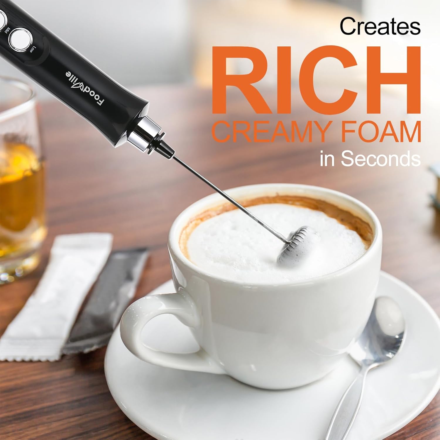 MF09 3 in 1 Rechargeable Milk Frother Handheld Foam Maker with Charging Stand & 3 Stainless Steel Whisks (White without Case)