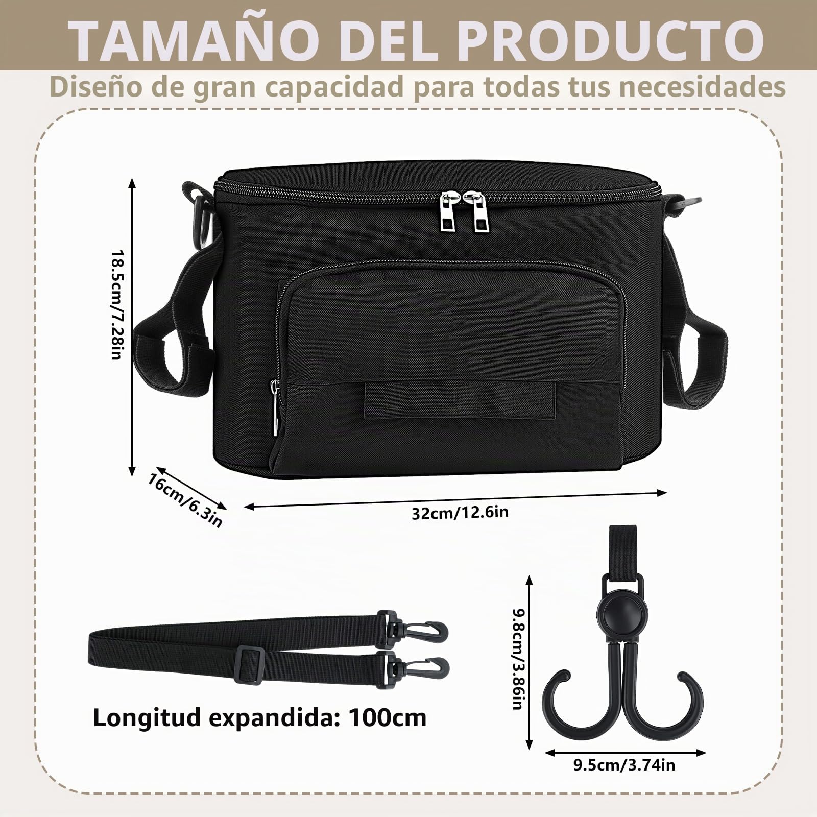 Bolso Carro Bebé Universal, Impermeable Bolsa Organizadora de Cochecitos con Correas, Gran Espacio, Bolsa Organizador de Cochecito para Pañales, Biberón, Pañuelos, Snacks(Negro)