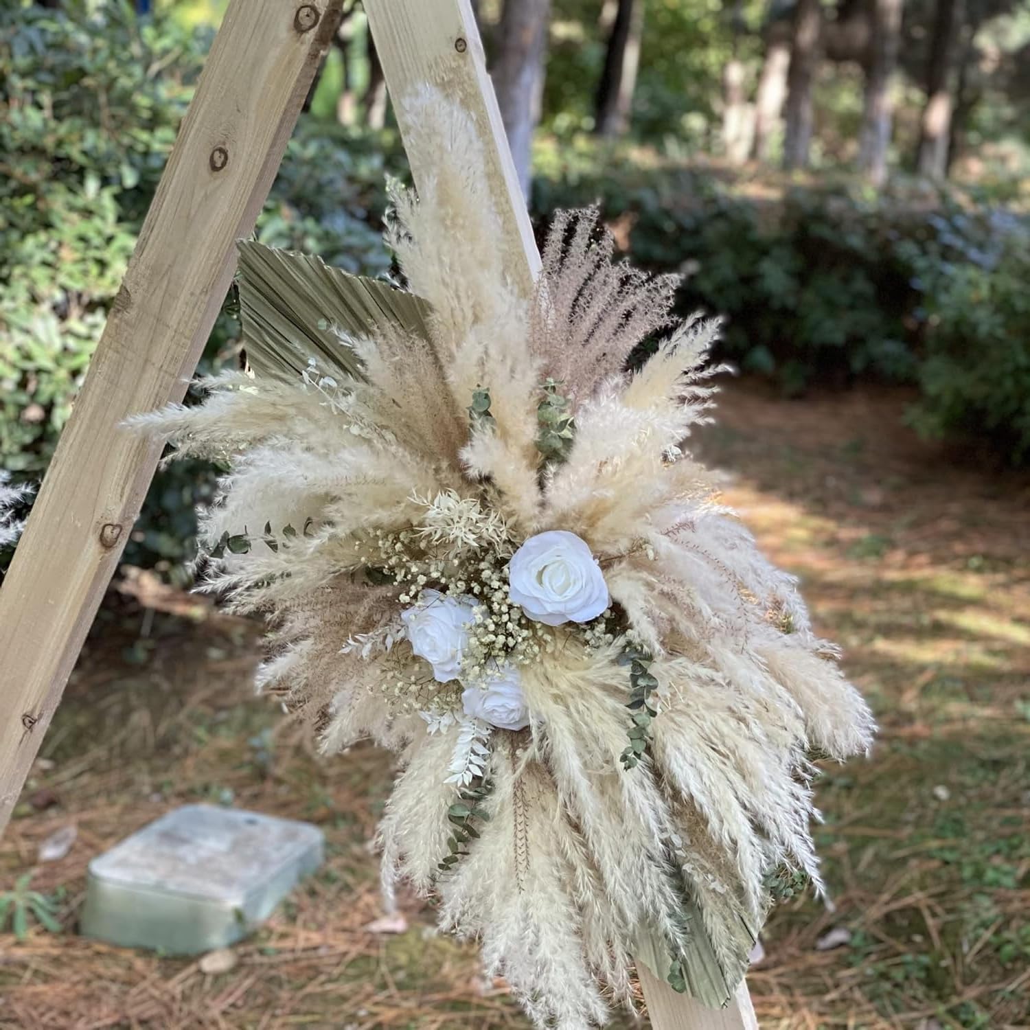 Décoration murale bohème à suspendre à l'herbe de la pampa et fleurs séchées – Arrangement floral naturel rustique pour arches de mariage, murs de ferme et décoration d'intérieur (Bohc bois)