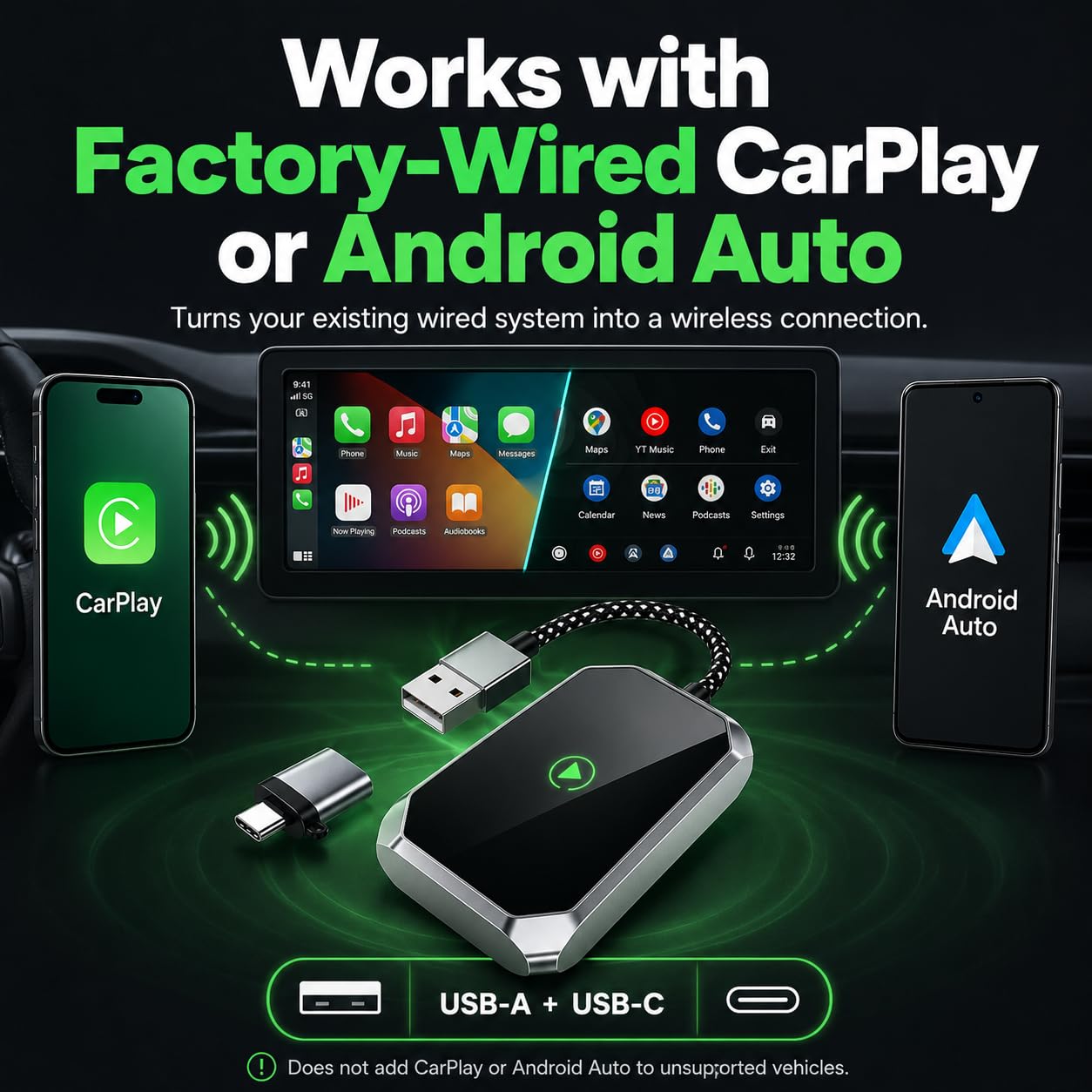Adaptador inalámbrico 2 en 1 para CarPlay y Android Auto (actualización 2026), con cable a inalámbrico, Plug & Play para iOS 7.1+ y coches para 2015, mini USB-C/USB-A Dongle de coche
