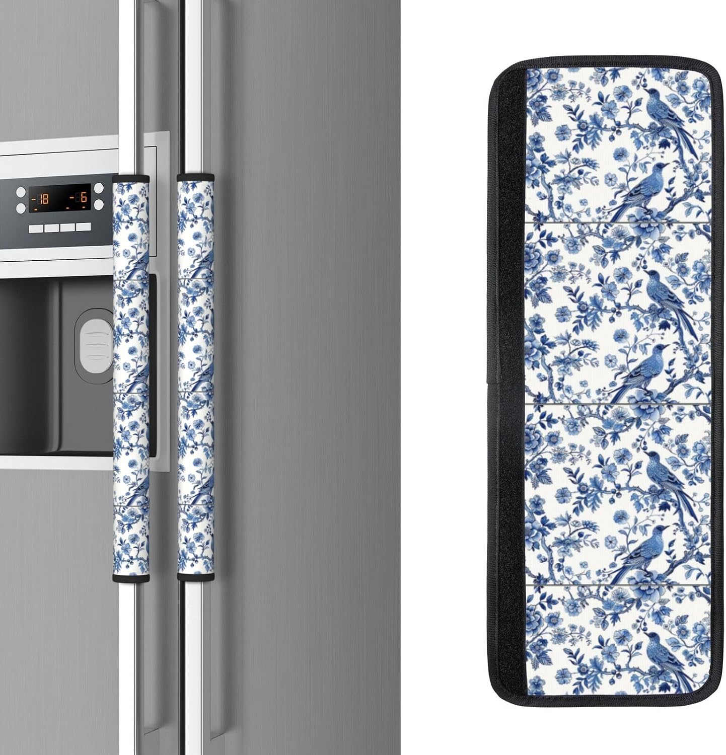Chinoiserie Blue Birds Flower Refrigerator Door Handle Covers Kitchen Appliances Gloves for Microwave Dishwasher Fridge Door Cloth Protector Covers