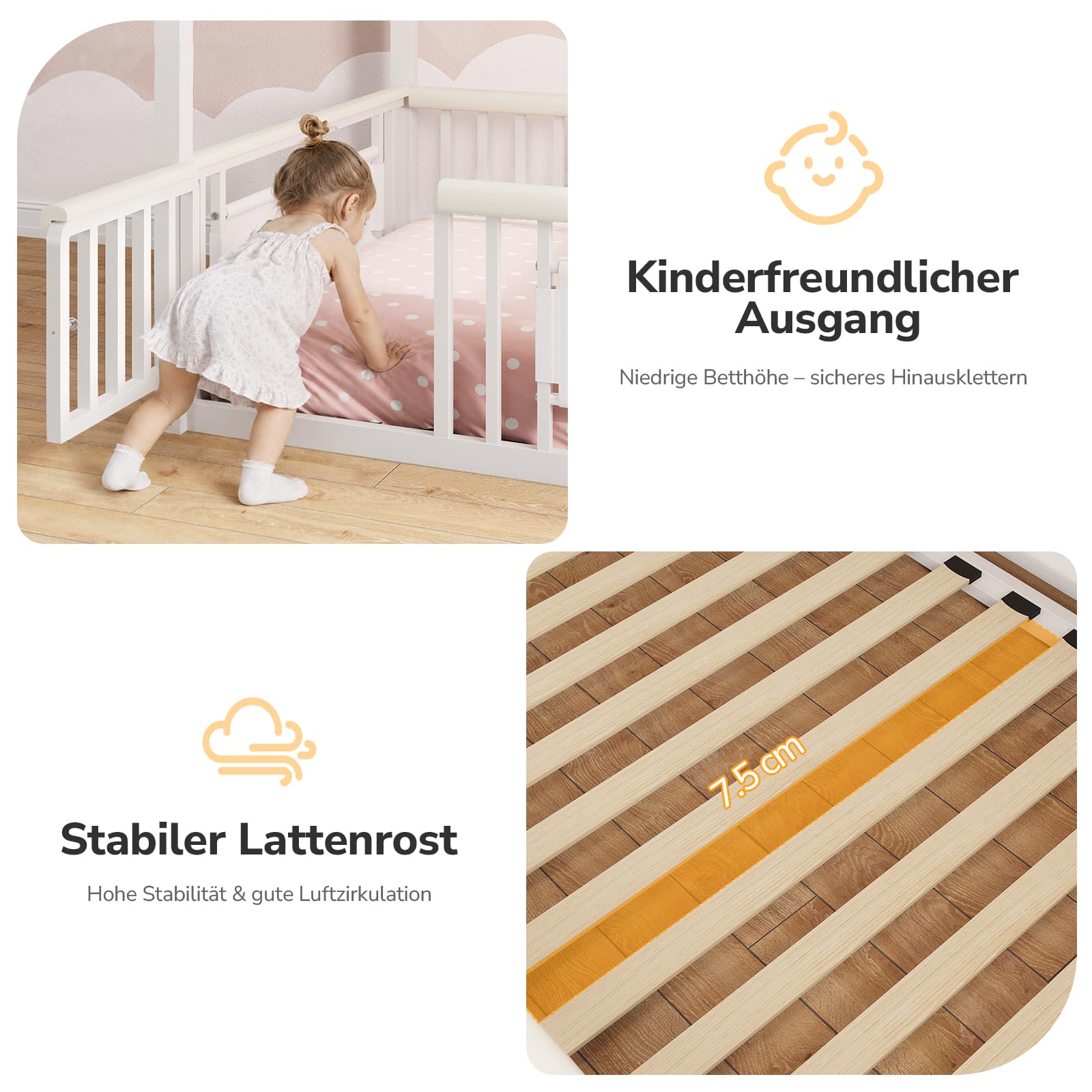 Hausbett 90x200 Metall nach Montessori mit LED, Weiß