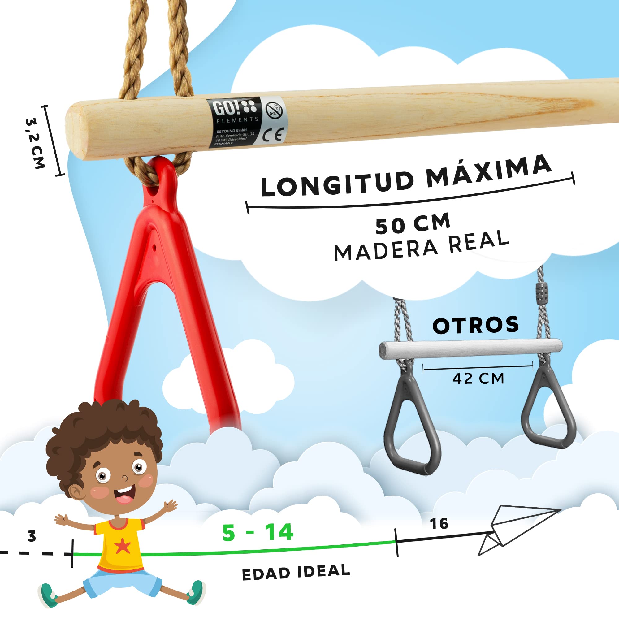 GO!elements Columpio Trapecio Para Niños: Ajustable Hasta 1.50m, Asiento Antideslizante 3D (Rojo)