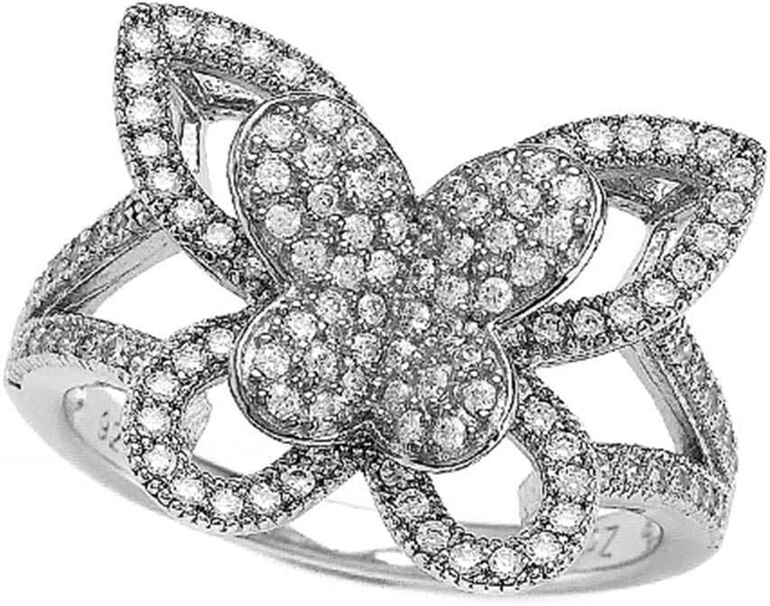 Zoe R Sterling Silver Micro Pave Hand Set Cubic Zirconia Butterfly Ring