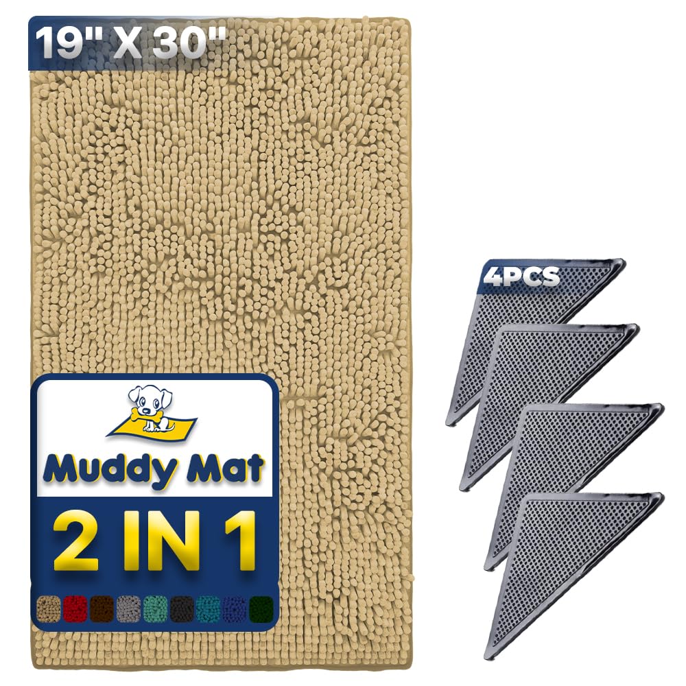 Muddy Mat® | Absorbent Microfiber Chenille Door Mat Beige 19" x 30" with Heavy Duty Non-Slip Rug Corner Pad (Pack of 4)- Double-Sided Adhesive Pad for