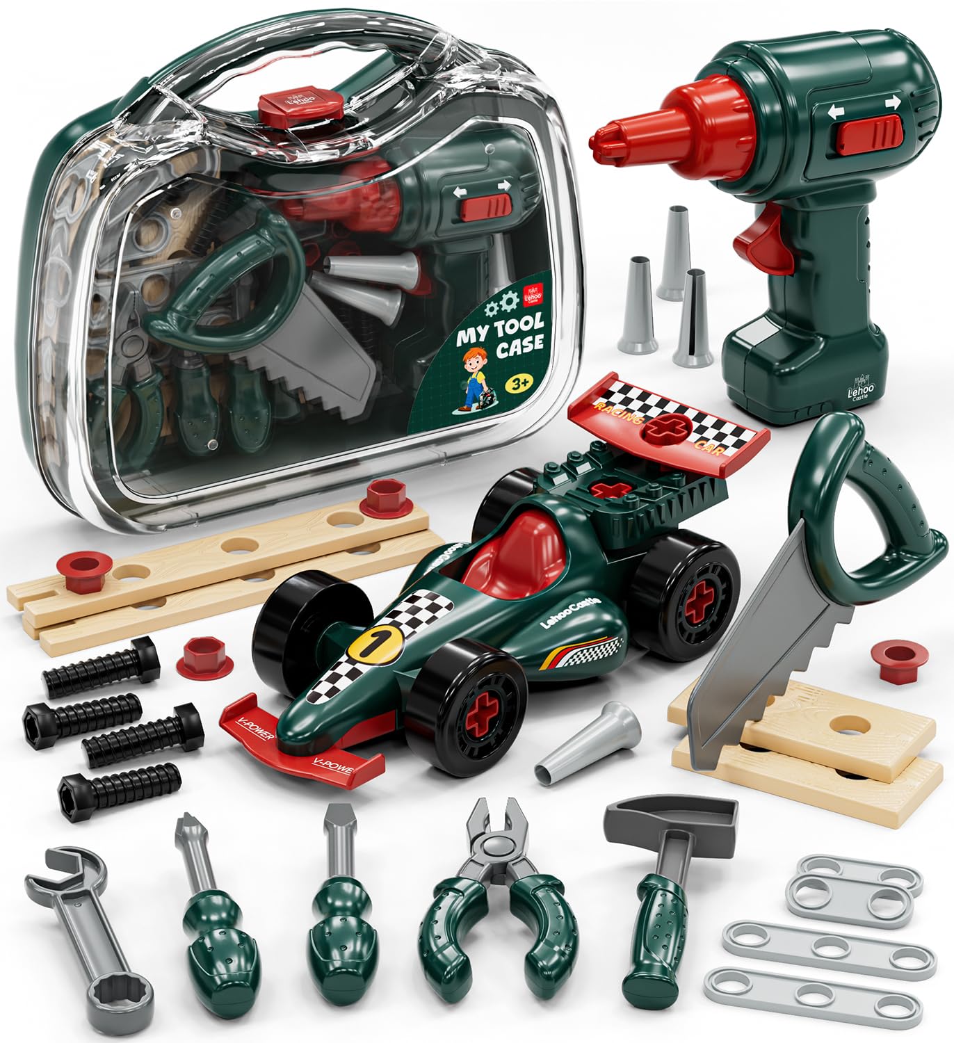Lehoo Castle Caja Herramientas Juguete para Niños 3 Años, Brinquedos Regalo con Taladro y Coches de Carreras de Juego, Montessori Banco Herramientas Juguete 3 4 5 6 Años