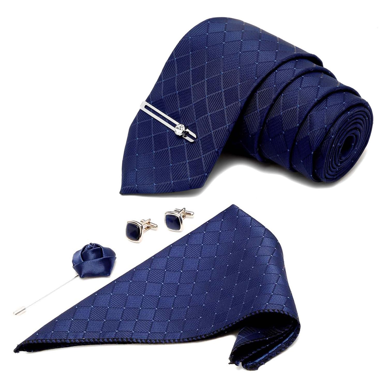 Mens Blue Italian Silk Necktie Set Incl Pocket Square Cufflinks Chrome Tiepin Brooch American Style Formal Tie Gift Set for Men (TEBU-CP-#)-image-47