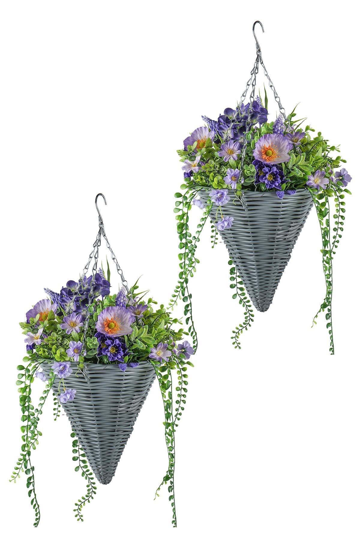 GOVIRAYE Artificial Flower Hanging Baskets Set of 2 - Purple Conical Woven Planters with Realistic Foliage, Outdoor Indoor Decor for Patio, Balcony, Porch - No Maintenance