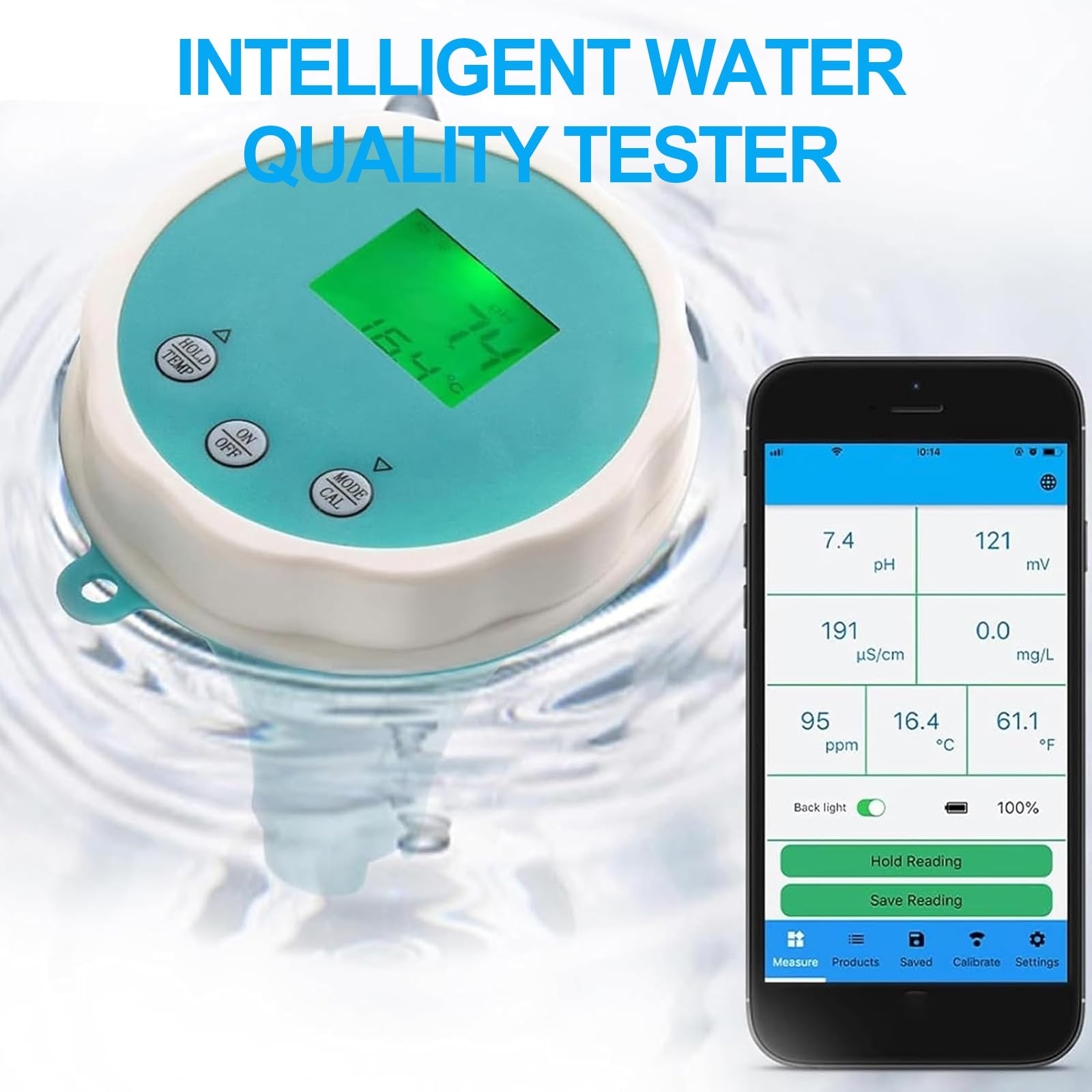 Tester di qualità dell'acqua 6 in 1 con calibrazione automatica, connessione app e archiviazione dati, misura pH, CL, CE, TDS, ORP e temperatura per acquario, acqua potabile e piscina
