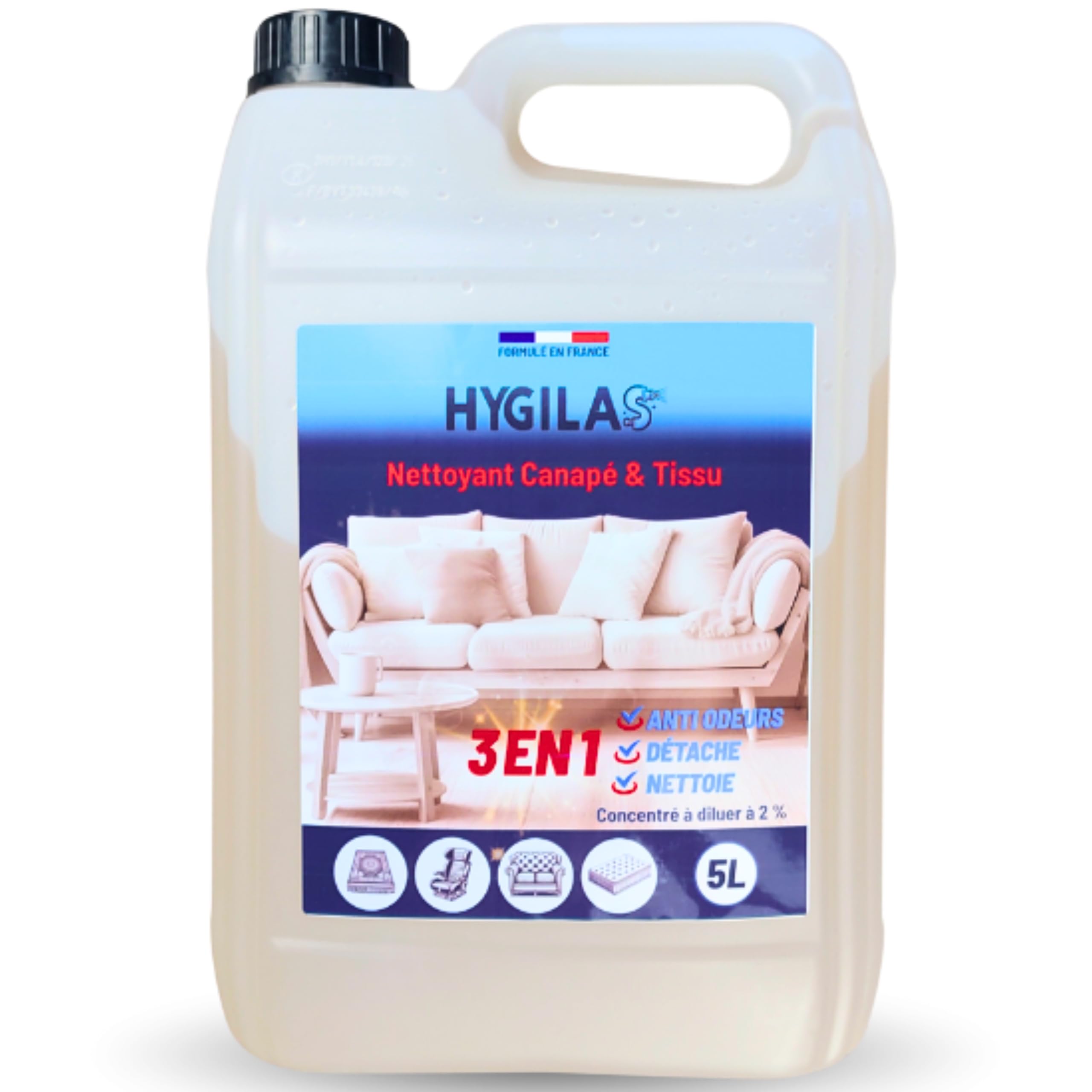 HYGILAS Nettoyant Canapé & Tissu, Professionnel 5L - Concentré à Diluer - Compatible Injection/Extraction & Shampouineuse - Matelas, Tapis, Moquette