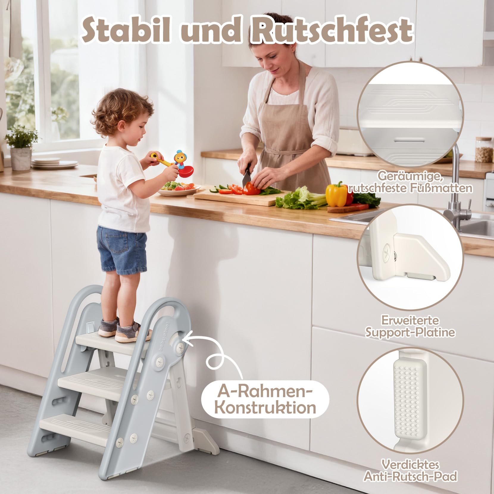 Onasti Tritthocker Kinder, Höhenverstellbar 3 Stufen Hocker Kinder, Trittschemel für Baby mit Handhaben, Klappbar, Anti-Kipp und Anti-Rutsch, für Küche, Badezimmer, Waschbecken und Toilette (Grau)