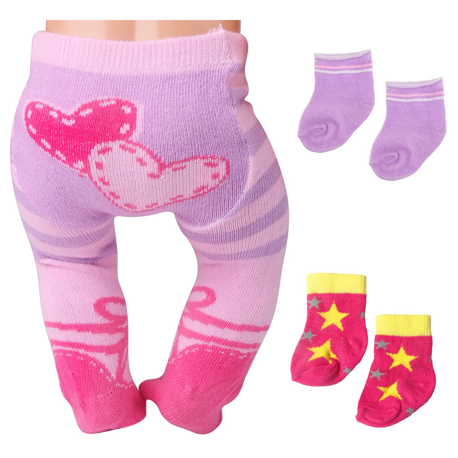 Xerteam Doll Tight with Pink Heart Pattern + 2 Doll Socks for 33-43cm Dolls, Cute Baby Dolls Socks Set for 14-18 Inch