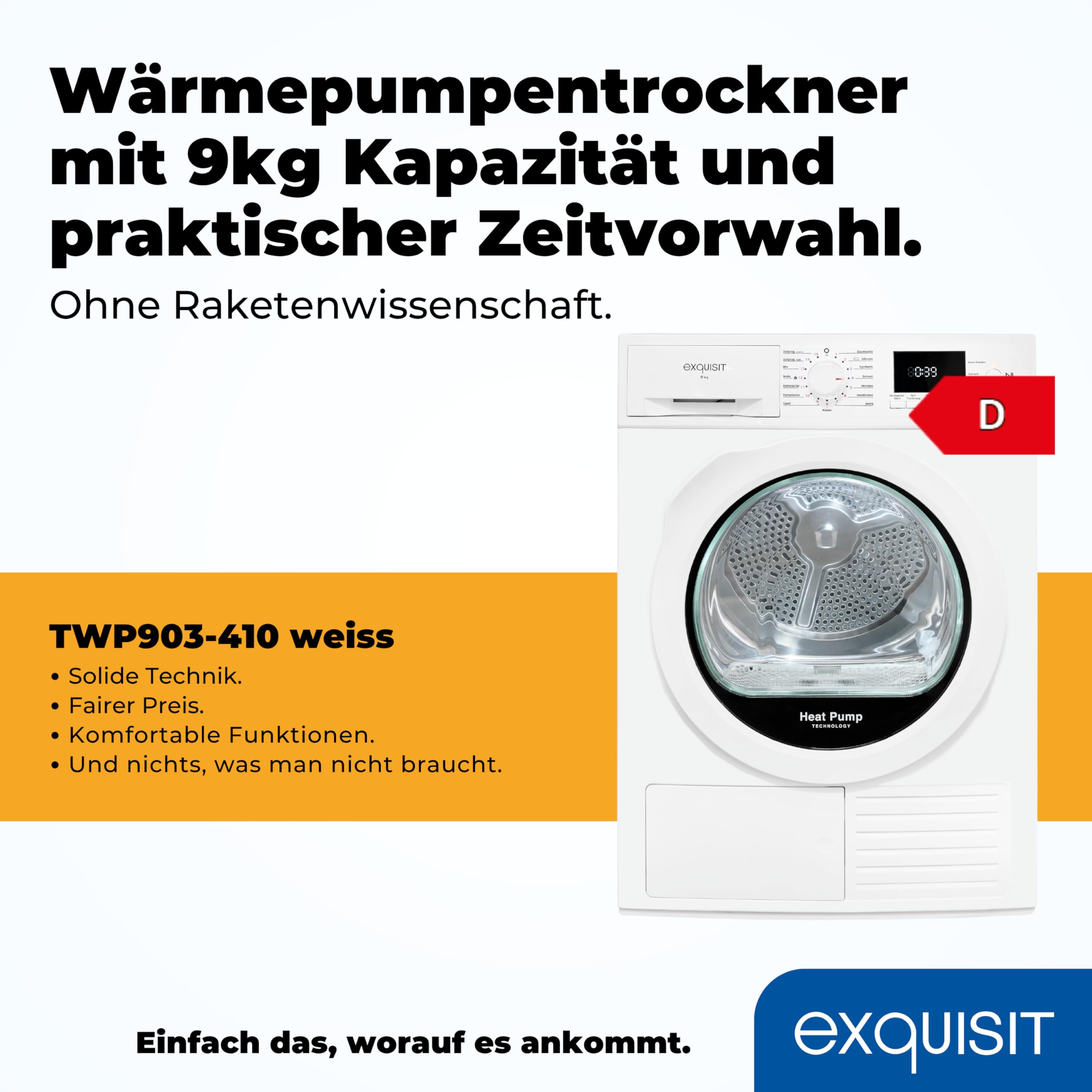 Exquisit Asciugatrice a pompa di calore TWP903-410, bianco, capacità 9 kg, classe di efficienza energetica A++, sicurezza bambini, spegnimento automatico