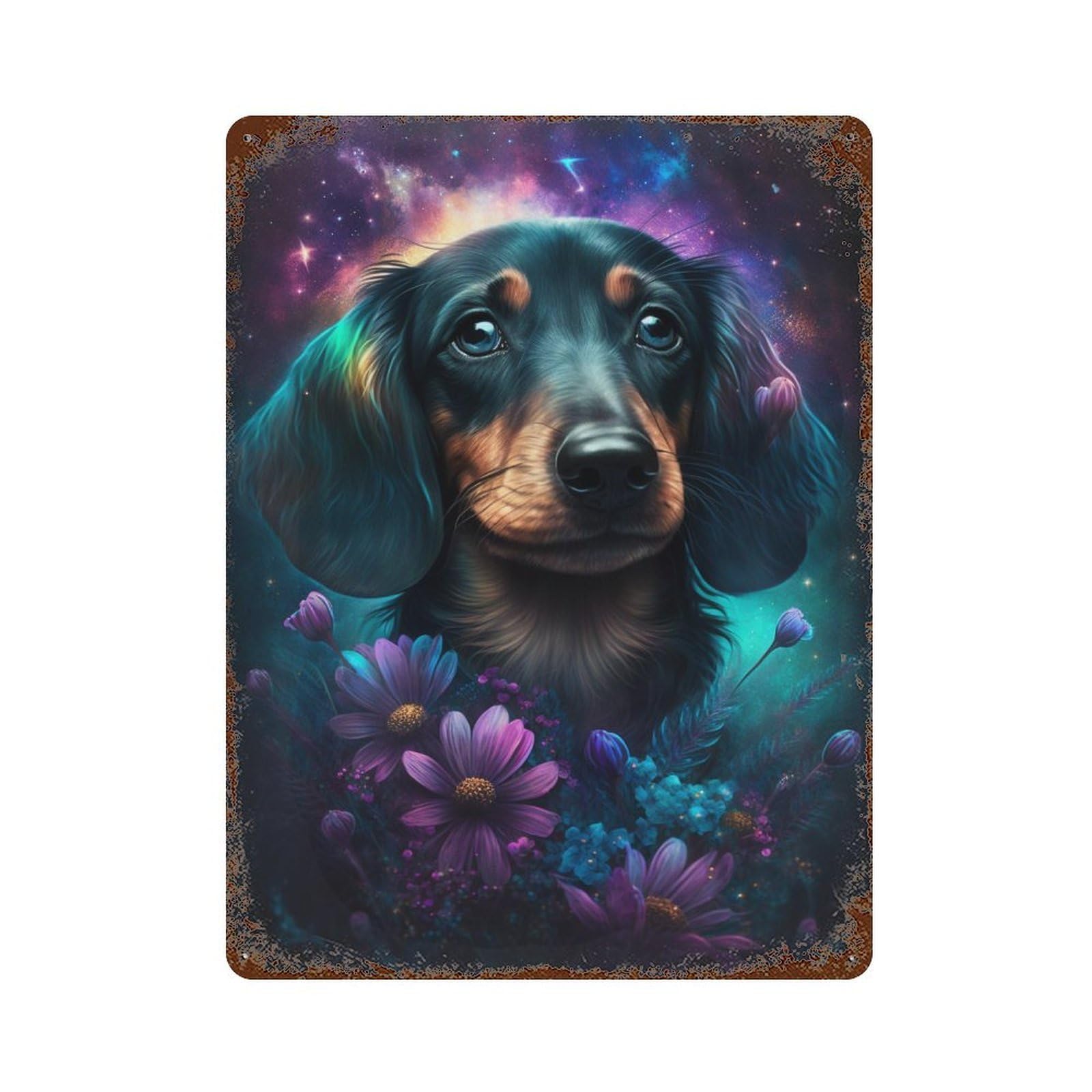 Galactic Dachshund with Flowers -1 Rustic Tin Plaque 15.7"x11.8", Classic Wall Plaque for Garage, Pub Or Kitchen