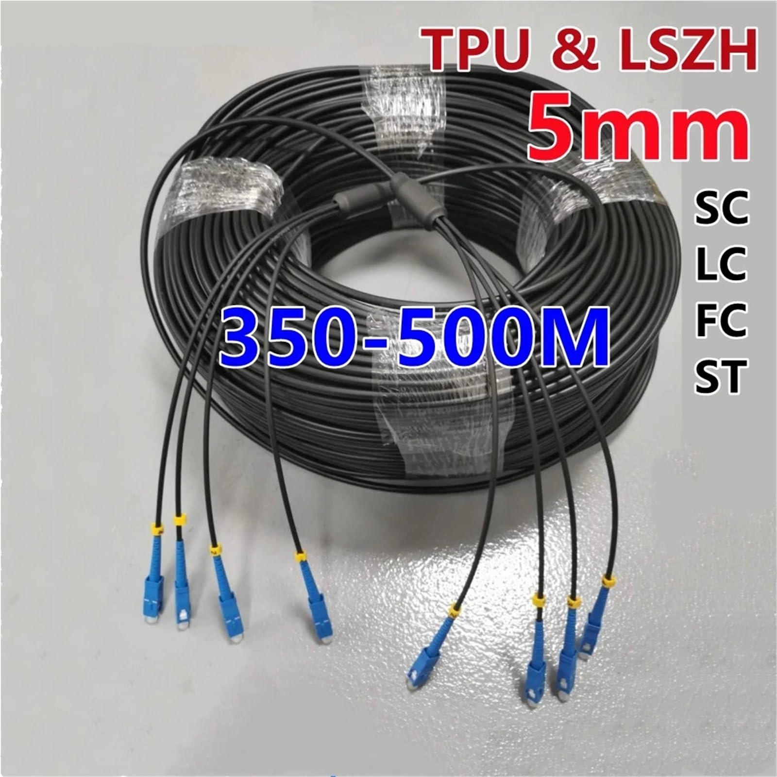 Câble de raccordement à fibre optique blindée monomode à 4 conducteurs 350 à 500 m de long - Connecteurs LC/SC/FC - 5 mm de diamètre - Pour extérieur - Noir - LC-LC LSZH 350 m