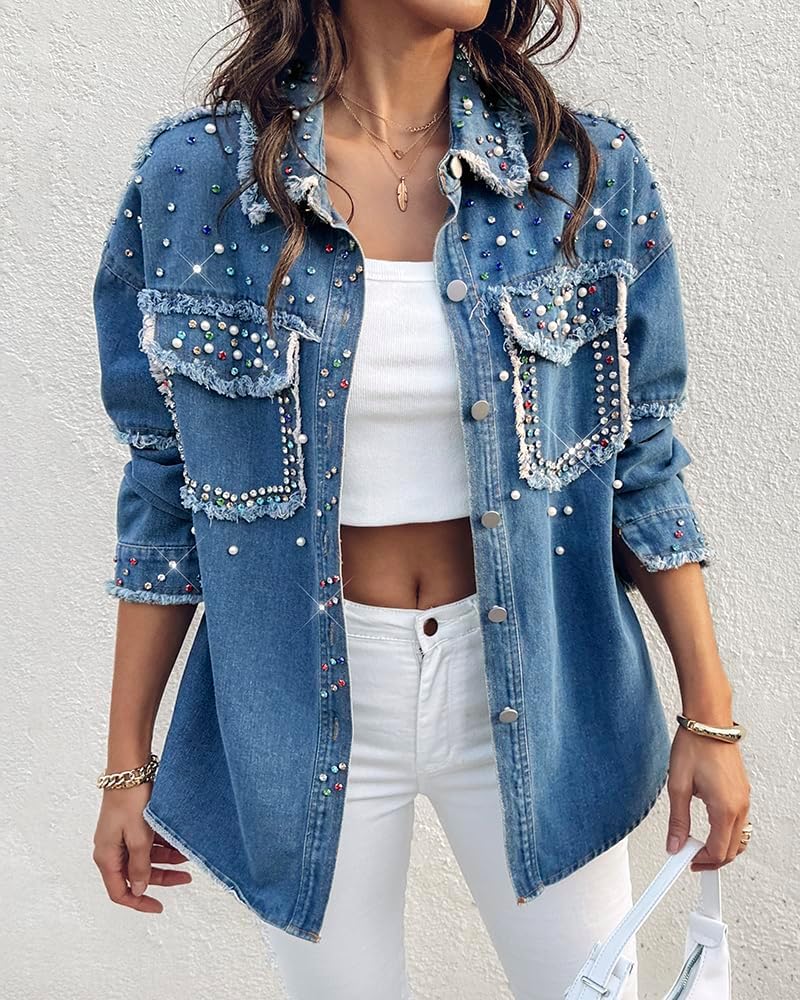 CHICME Womens Casual Denim Jacket Contrast Sequin Long Sleeve Rhinestone Denim Jackets-bl-M - Image 5