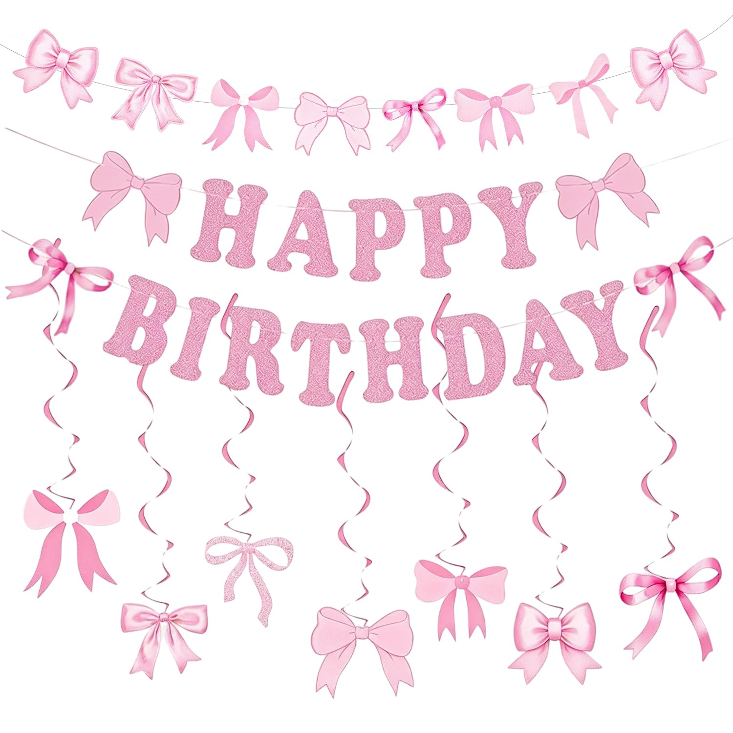 FIGCY 1 Set Pink Glitter Happy Birthday Banner Set, Bow Themed Party Decorations with Hanging Swirls Bows for Girls Birthday Princess Party Supplies