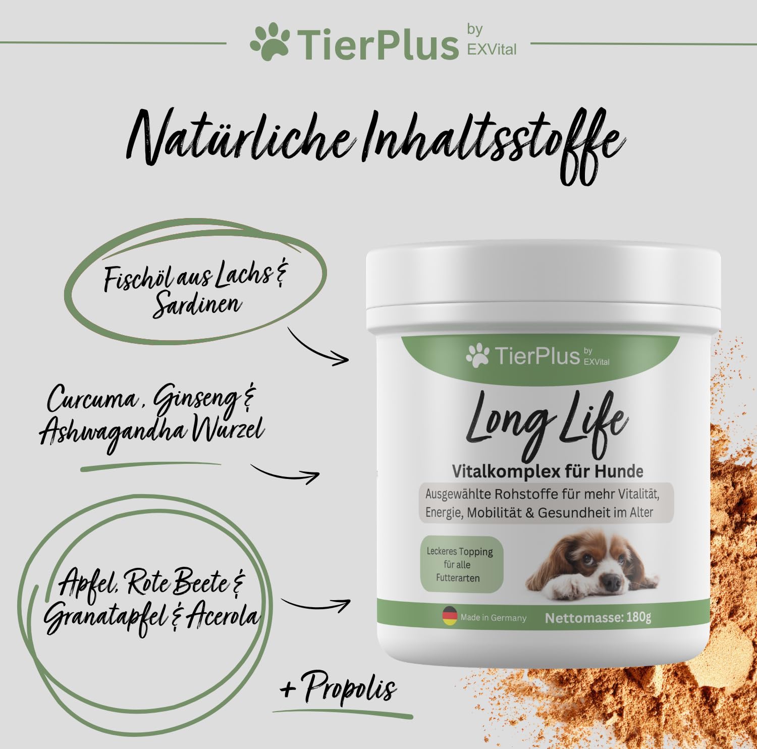 Long Life Vitalkomplex für Hunde -Gesundheit & Vitalität für Senior Hunde, mit Omega 3 Fettsäuren, Curcuma, Mariendistel, Propolis u.v.m, 180g pro Dose, leckeres Futtertopping